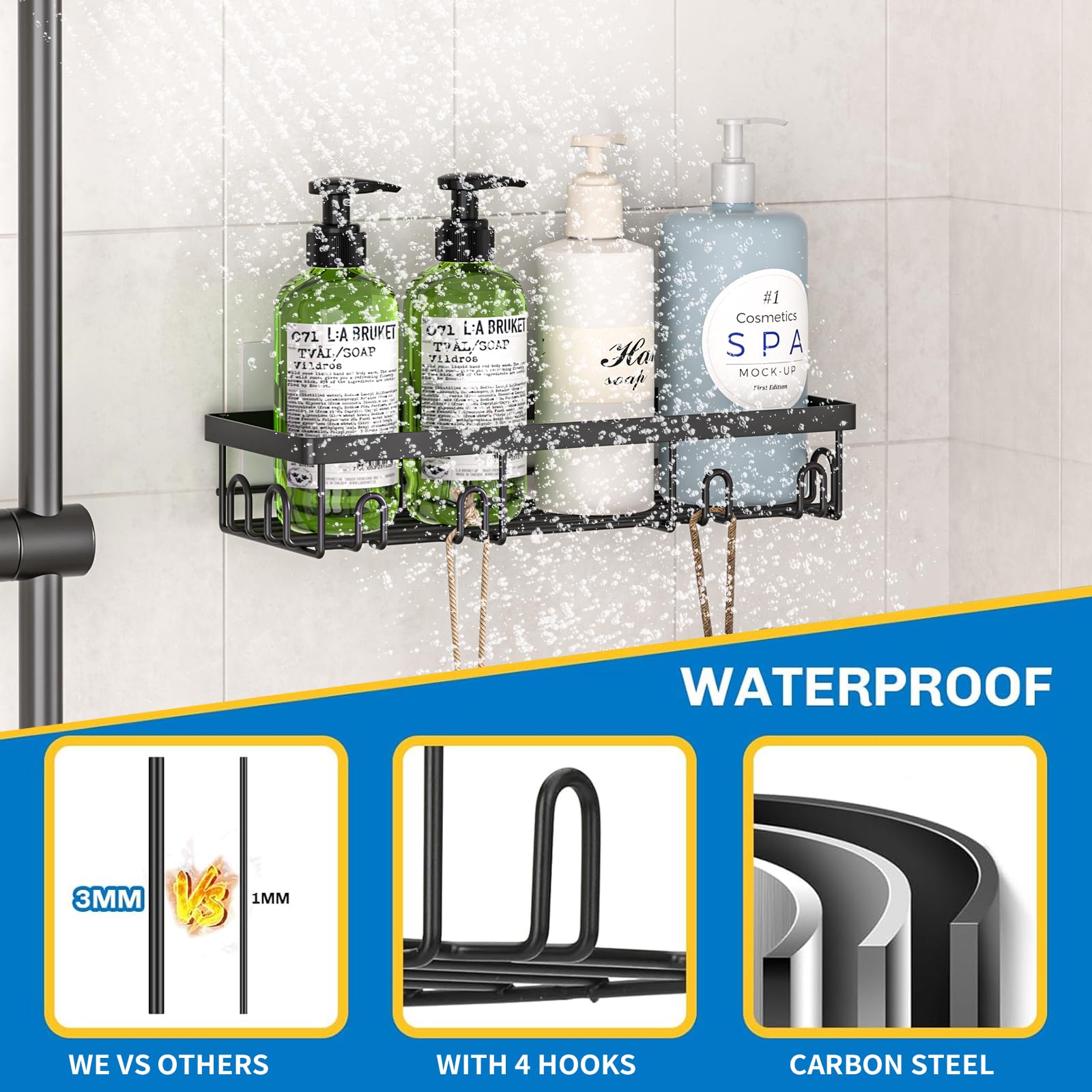 9-Pack Shower Caddy Organizer - Rustproof Stainless Steel Bathroom & Kitchen Storage - No Drill Adhesive Hooks - Large Capacity Shelves for Shampoo, Soap & Towels - Perfect for Small Spaces & Apartment Living (Black)