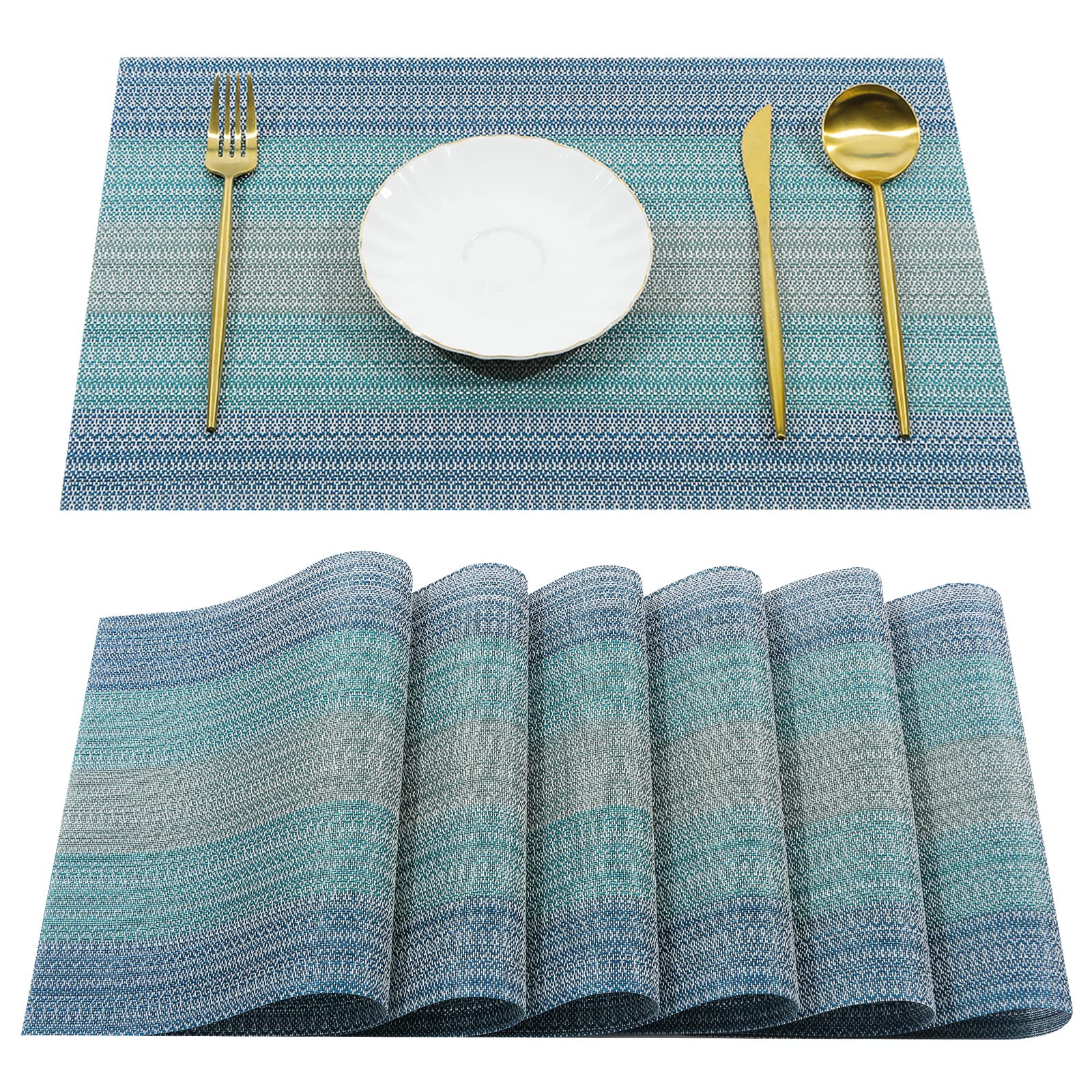 Premium Woven Vinyl Placemats Set of 6 - Heat Resistant & Washable Table Mats for Dining - Indoor/Outdoor Use - Kids Friendly Blue Placemats - Perfect for Family Dinners, Picnics, and Outdoor Entertaining