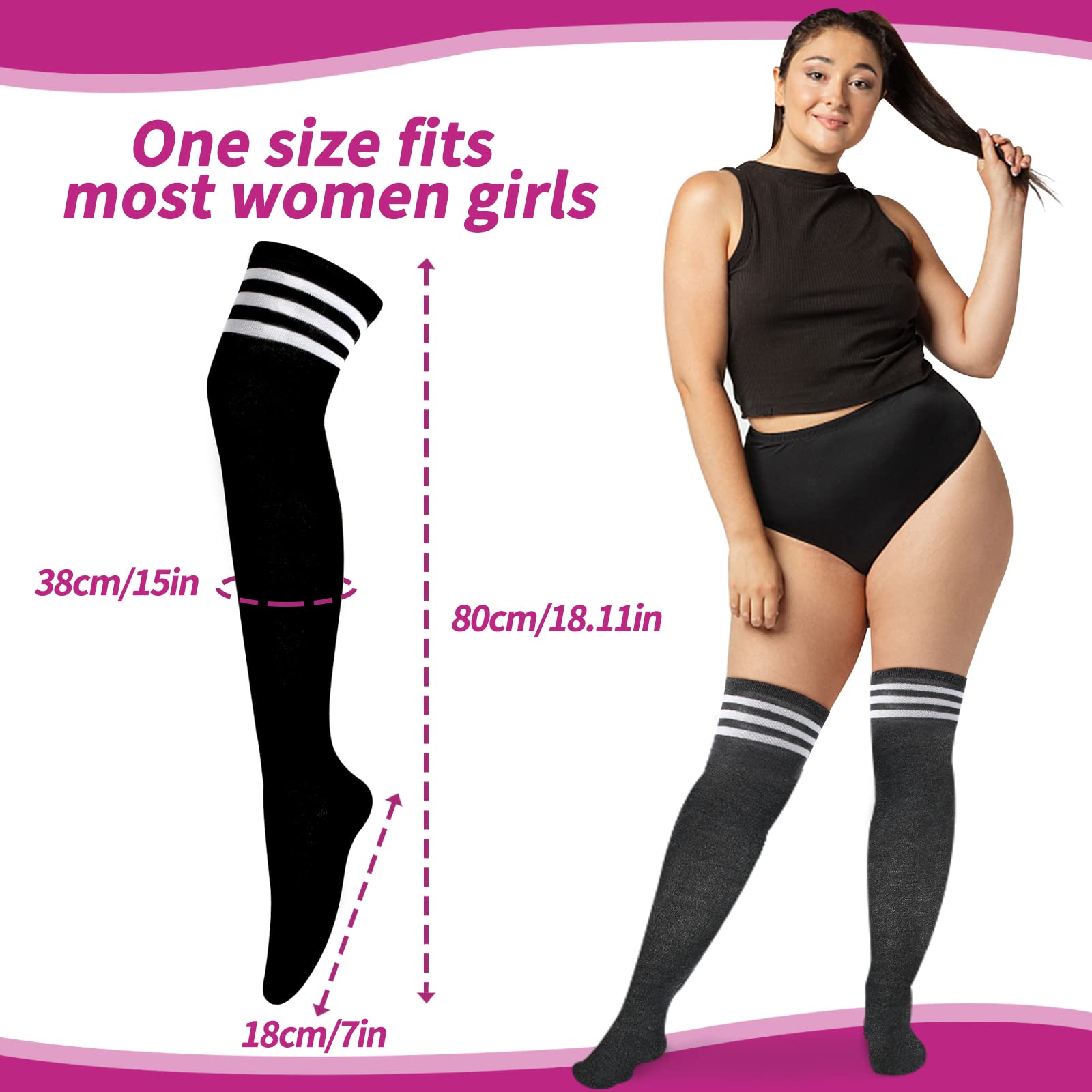 YOGINGO 2 PCS Thigh High Socks for Women - Cotton Striped Over Knee Socks for Daily Wear & Cosplay