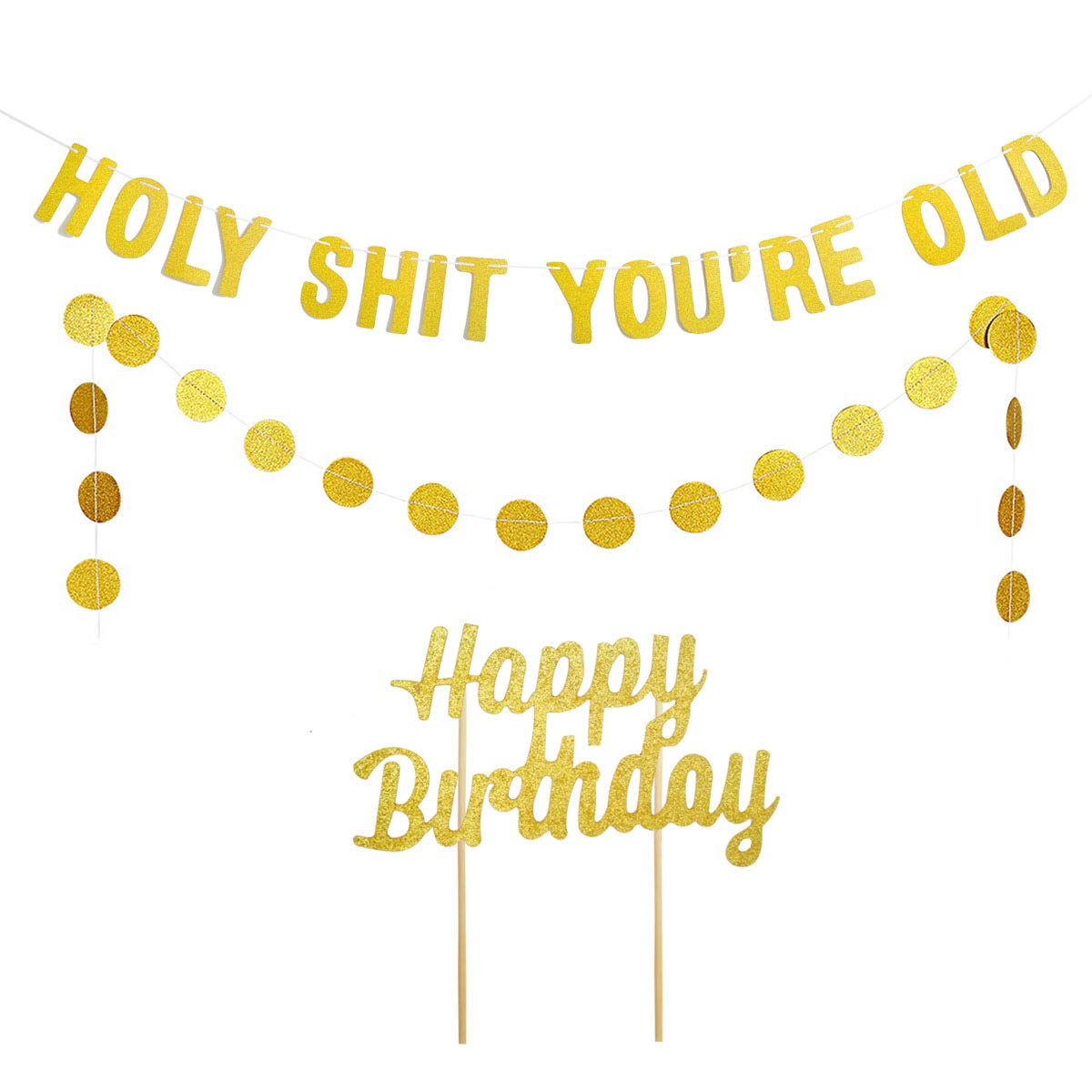 Funny Birthday Party Decorations - Holy Sht You're Old Glitter Gold Banner & Garland Set for 30th-80th Birthday Celebrations - Includes Cake Topper, Circle Dots & Photo Props - Perfect for Milestone Birthdays, Baby Showers & Humorous Photo Booths