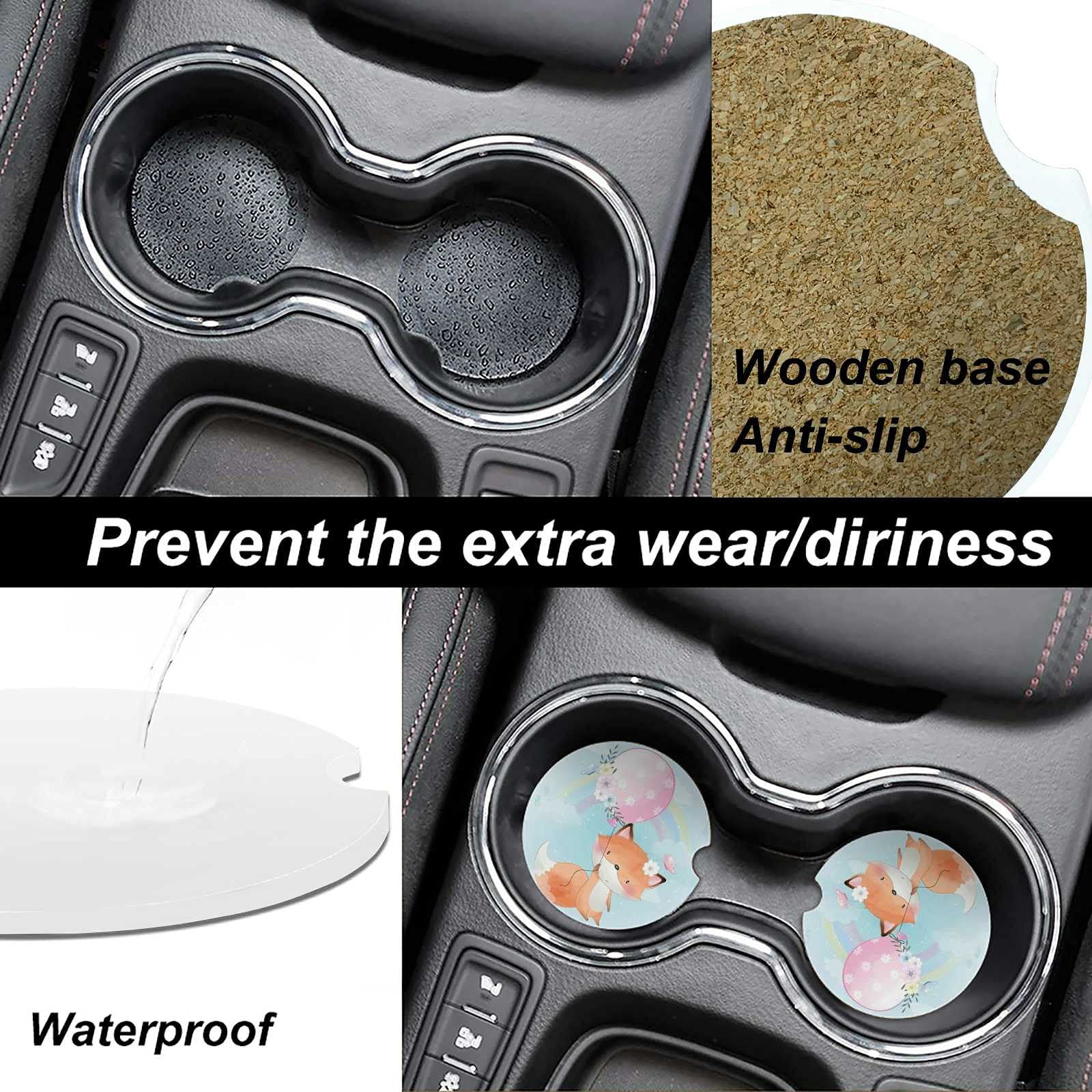 4 Pack Absorbent Ceramic Car Coasters for Cup Holders - Cute Fox with Balloon Design, 2.56 Inch Cork Base Auto Accessories with Finger Notch for Easy Removal (Set of 2) - Perfect for Cars, Trucks, SUVs & Office Desks