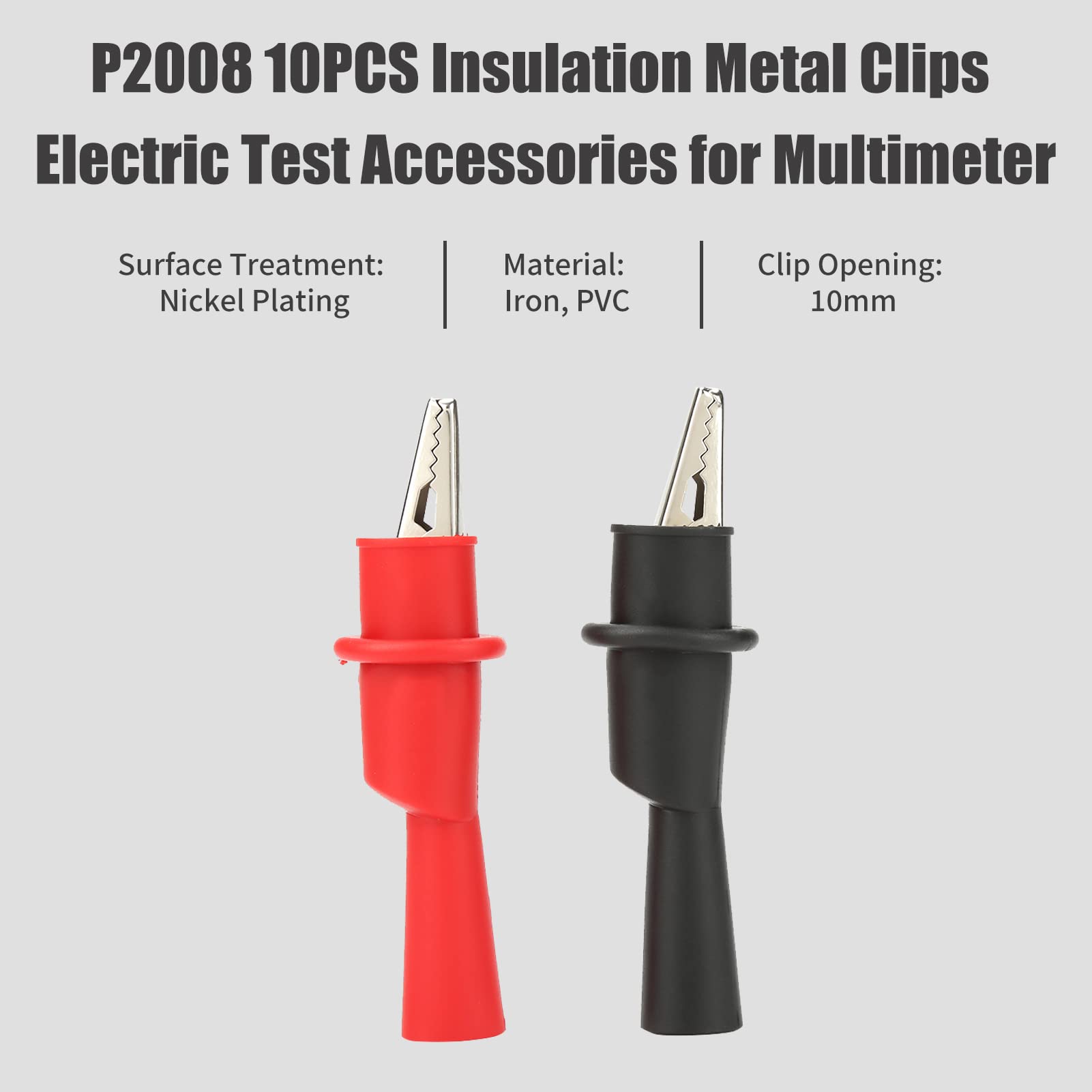 Premium 10PCS Insulated Metal Test Clips - Red & Black Electrical Clamp Probes for Multimeter, Battery Charging, and Circuit Testing | Durable Alligator Clips for DIY Electronics, Automotive Repair & Home Electrical Projects (Model P2008)