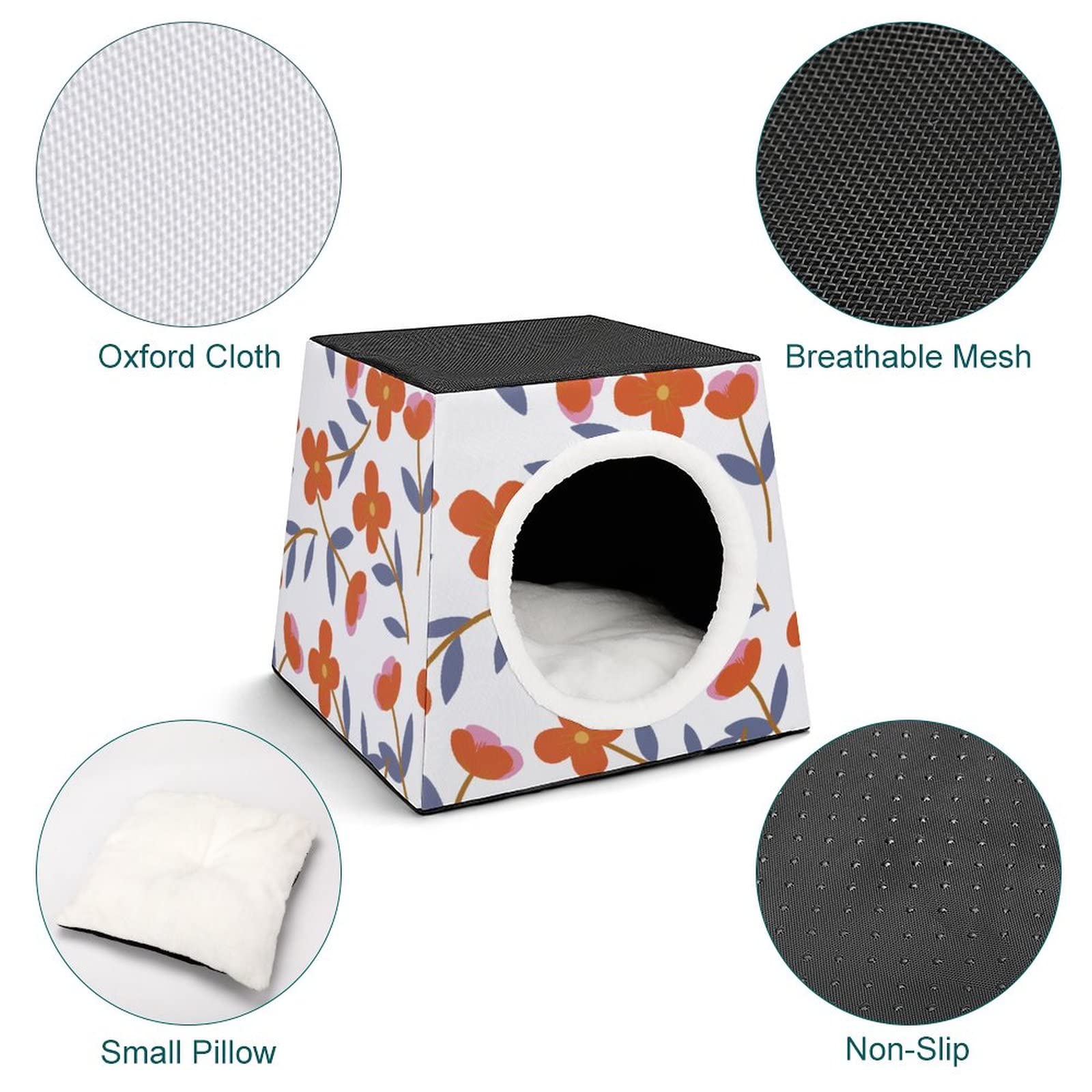 Printed Cat Cube Kitty House - Indoor Cat Bed & Small Dog Shelter, Warm & Cozy Pet Sofa with Red Flower Design | Perfect for Home Decor, Pet Nap Time & Cozy Winter Nights
