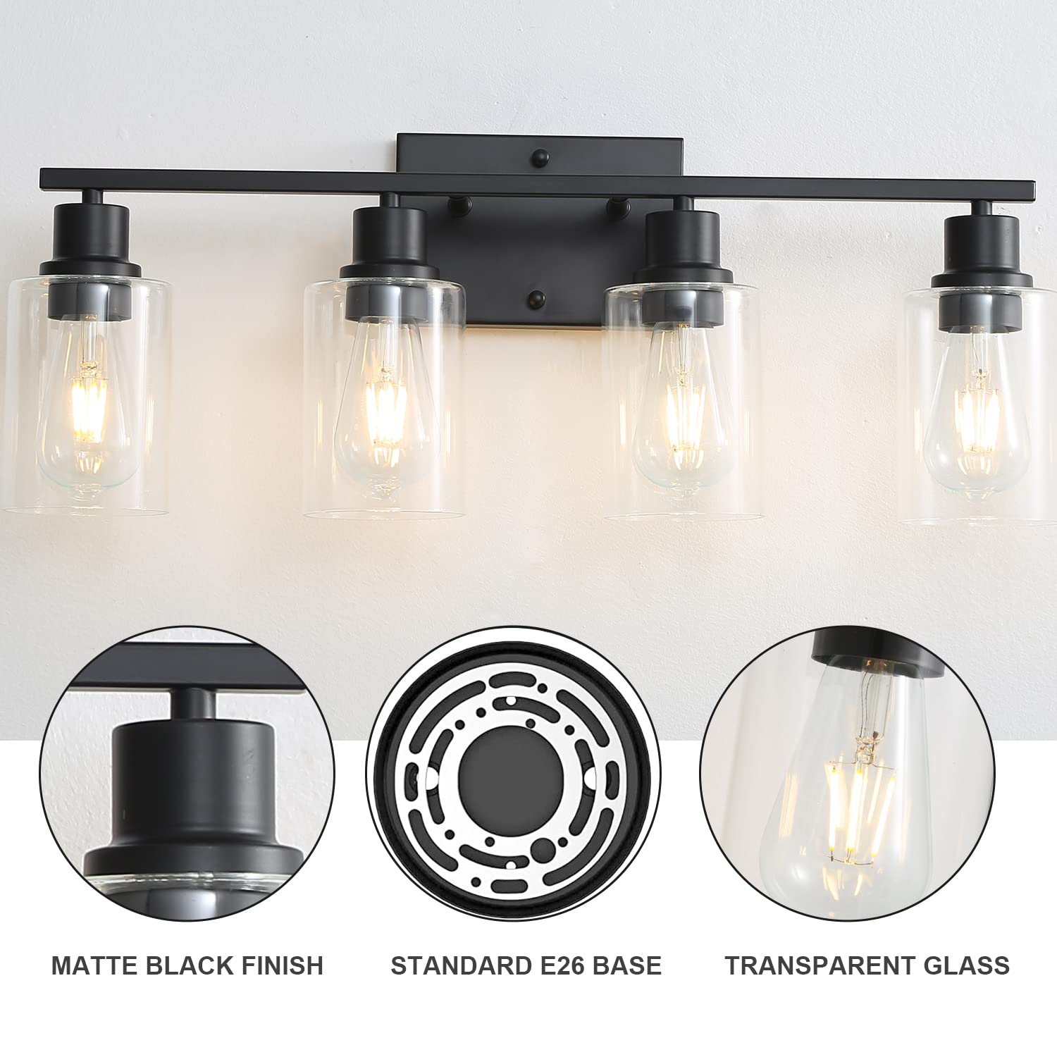 EMONG 4-Light Matte Black Bathroom Vanity Light with Glass Shade - Modern Wall Sconce Lighting Fixture for Bathroom, Mirror, Hallway & Farmhouse Decor - Perfect for Vanity Makeup, Shaving & Ambient Lighting