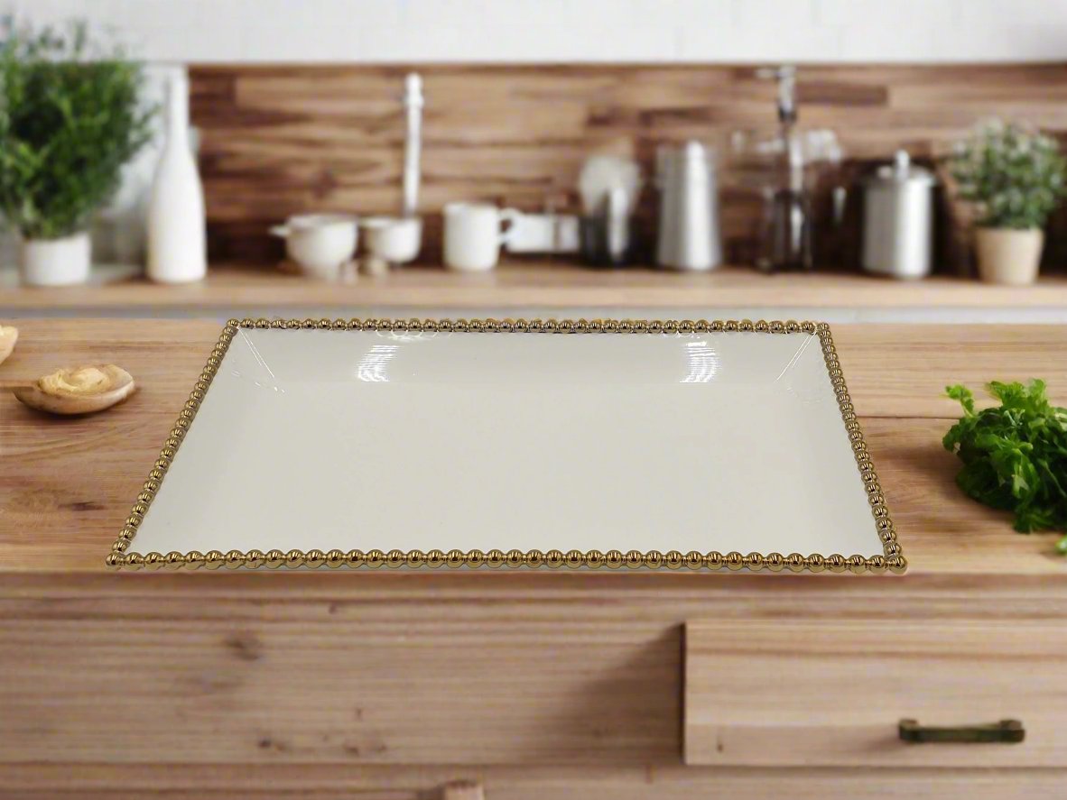 14x8.5 Inch Gold Dotted Rectangular Plates - Set of 24 - Elegant Dinnerware for Parties, Weddings & Special Events