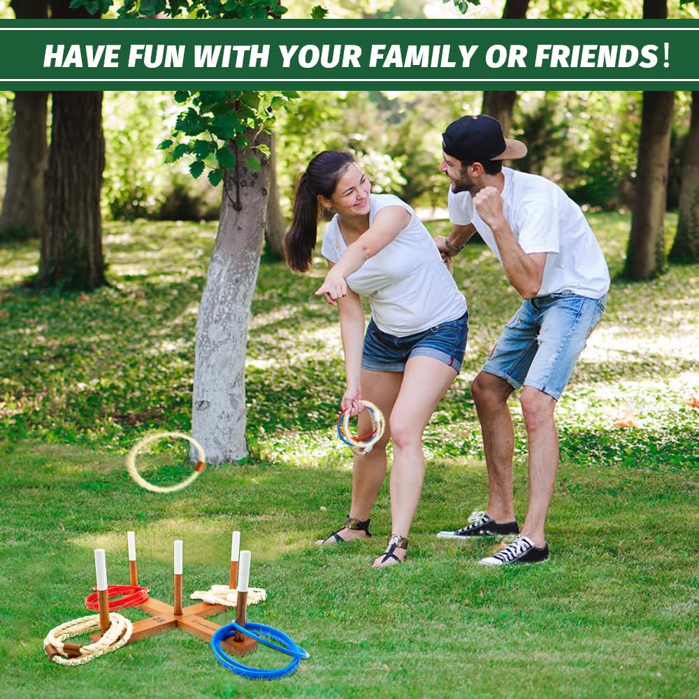 Wooden Ring Toss Game Set - Outdoor Backyard & Beach Tossing Game with 6 Rings & Portable Carry Bag - Fun Lawn Games for Kids, Adults & Family - Perfect for Camping, Picnics & BBQs