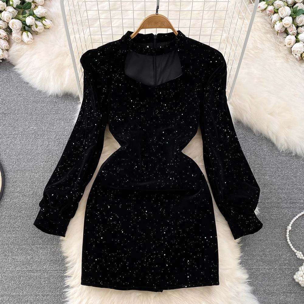 Vintage Sparkling Sequined Velvet Dress for Women - Elegant Winter & Fall Party Gown - Perfect for Holiday Parties, Christmas Dinners & Special Occasions