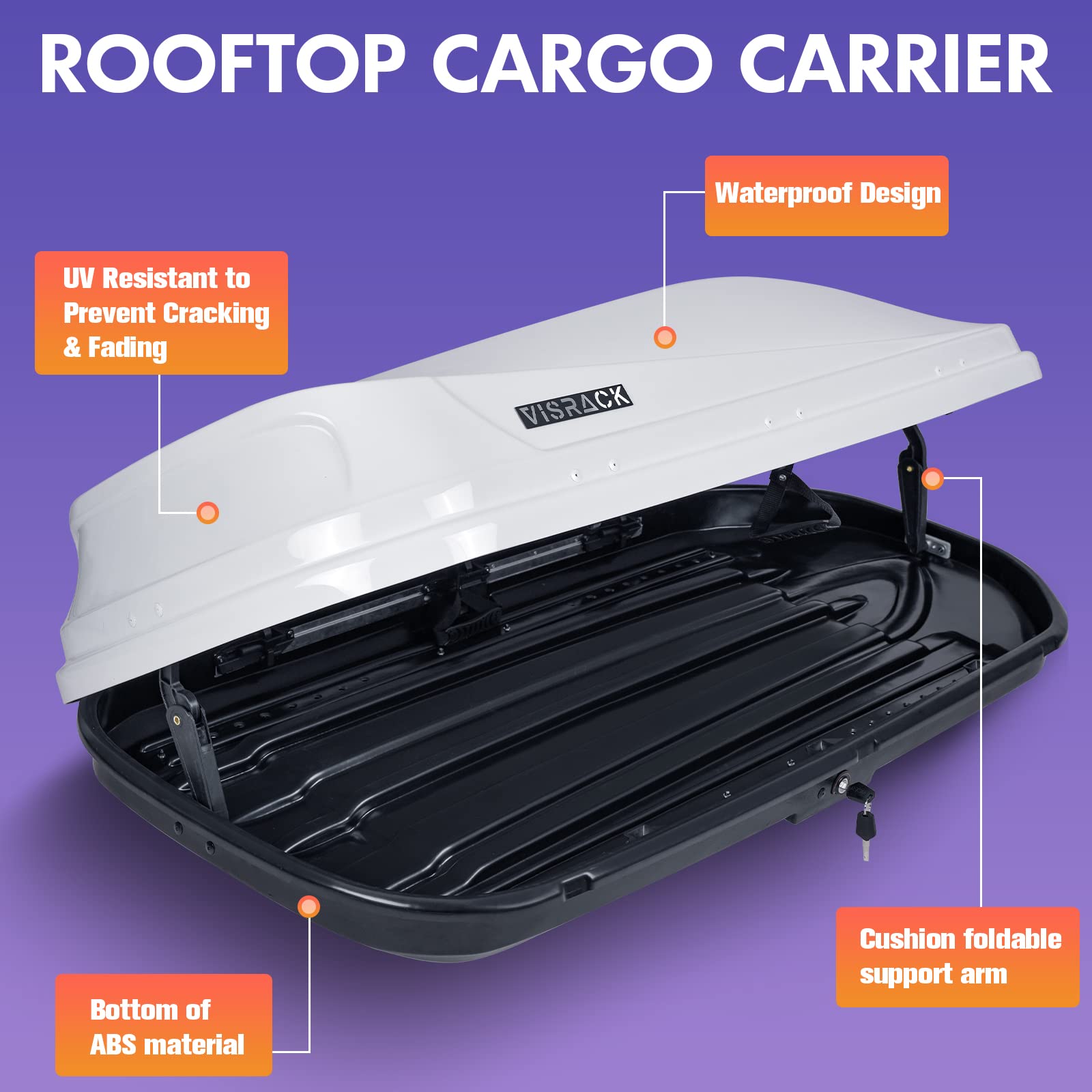 **White 14 Cubic Feet Rooftop Cargo Box - Heavy Duty Waterproof Car Top Carrier with Dual Side Opening, Extra Keys & Straps - Perfect for Travel, Camping & Outdoor Storage**