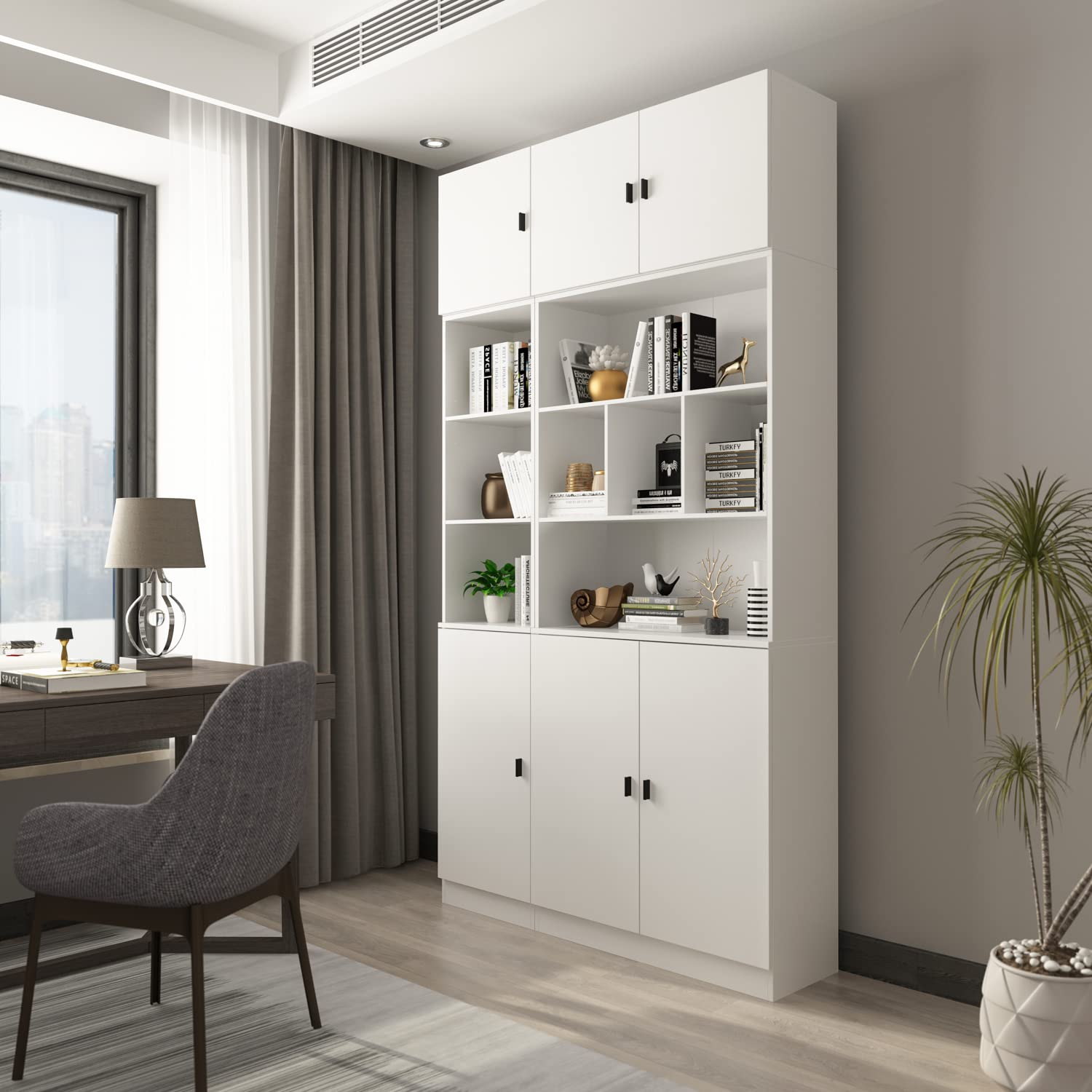 AIEGLE 5-Tier Tall Bookcase with Glass Doors - Modern Bookshelf for Home Office, Library & Living Room - White Storage Cabinet with Adjustable Shelves (15.7