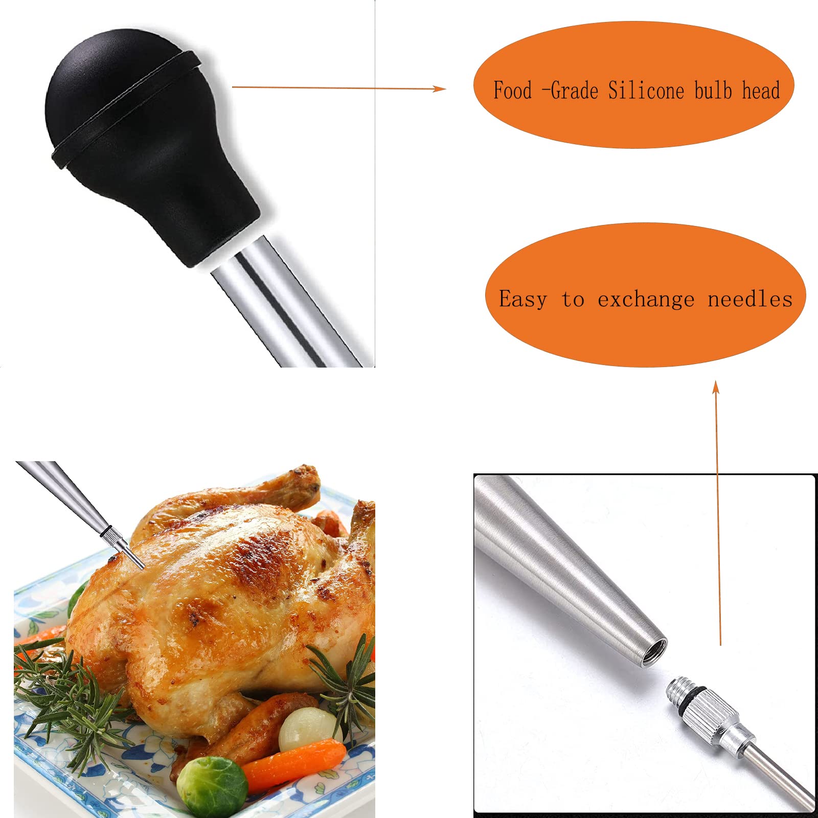 Professional Turkey Baster Set - 5 Pcs Stainless Steel Meat Syringe with Cleaning Brush for Marinating Beef, Pork & Fish - Perfect for Thanksgiving & Christmas Cooking