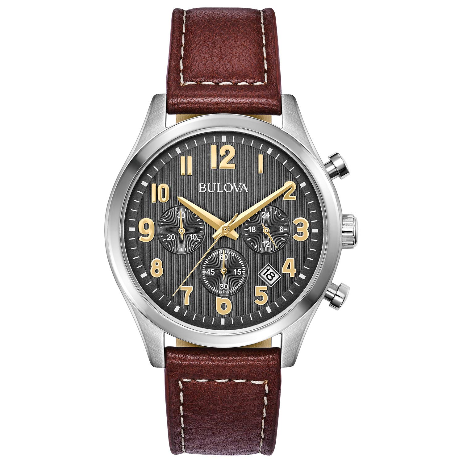 Bulova Men's Classic 41mm Stainless Steel Chronograph Watch with Grey Dial, Gold Accents & Leather Strap – Perfect for Business, Casual & Formal Occasions