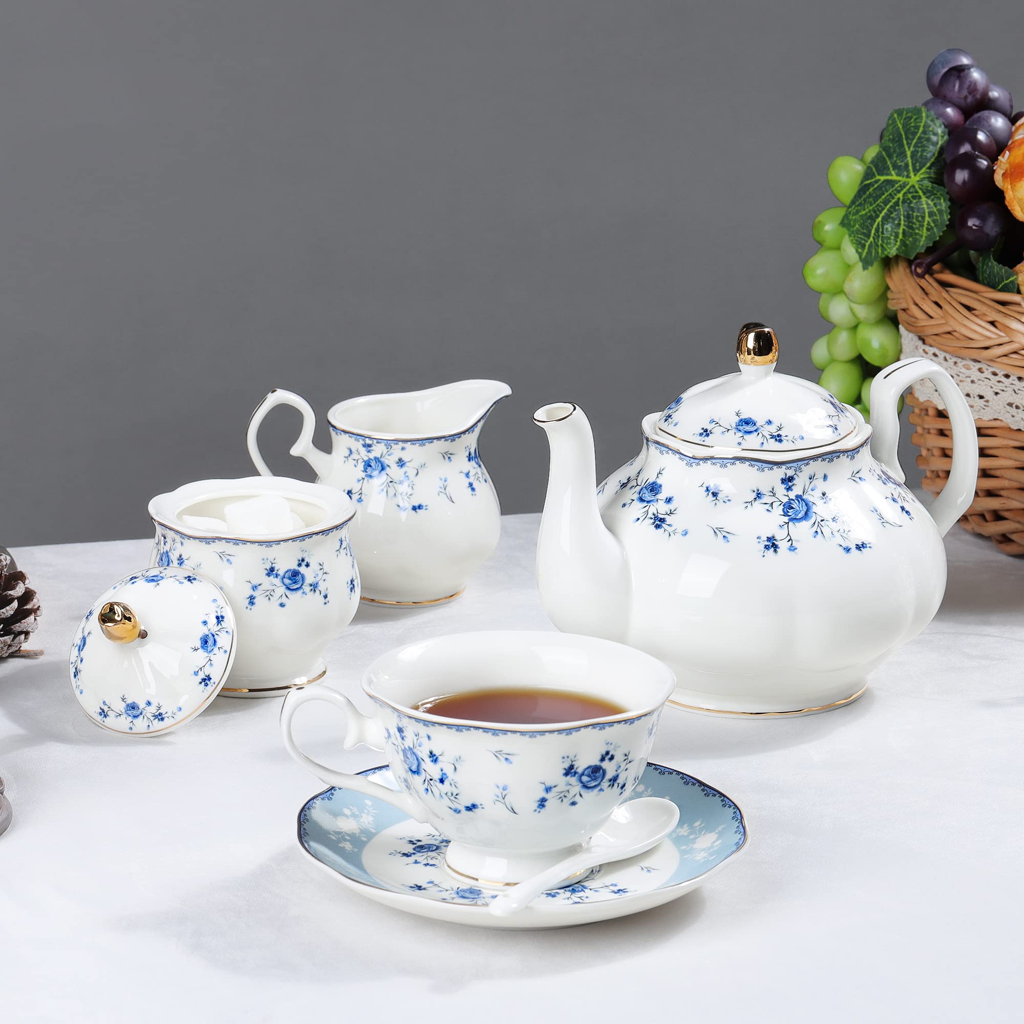 Fanquare 21-Piece Floral Porcelain Tea Set - British Style Tea Cup & Saucer Set for 6, Elegant Blue Roses Tea Party Collection - Perfect for Afternoon Tea, Bridal Showers & Mother's Day Gifts