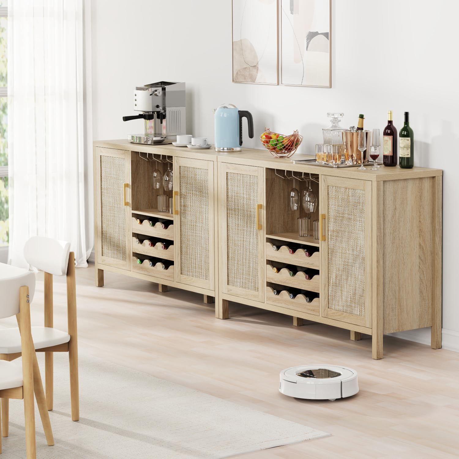 Boho Rattan Wine Bar Cabinet with Glass Holder & Drawer Style Wine Racks - Oak Sideboard Buffet Storage Cabinet for Living Room, Dining Room & Kitchen - Perfect for Home Entertaining & Wine Storage