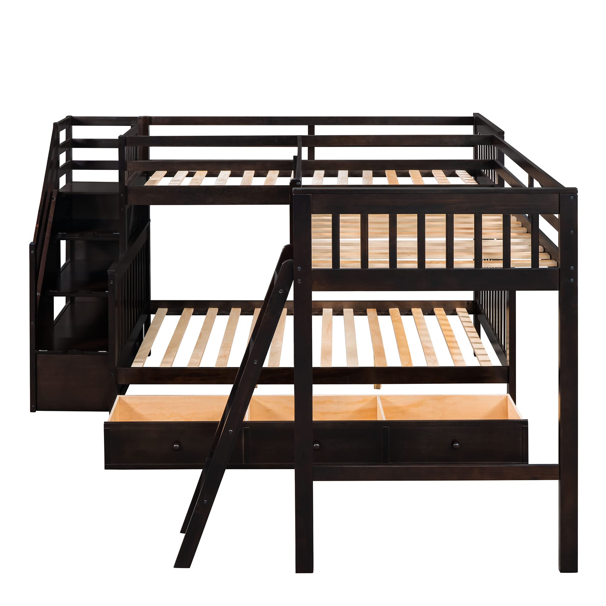 **Citylight Twin Over Full L-Shaped Triple Bunk Bed for Kids - Wooden Corner Bunk Bed with 3 Storage Drawers, Twin Loft Bed, Stairs & Ladder - Space-Saving Bunk Beds for Boys, Girls & Teens in Espresso - Perfect for Small Bedrooms, Shared Kids' Rooms & Vacation Homes**