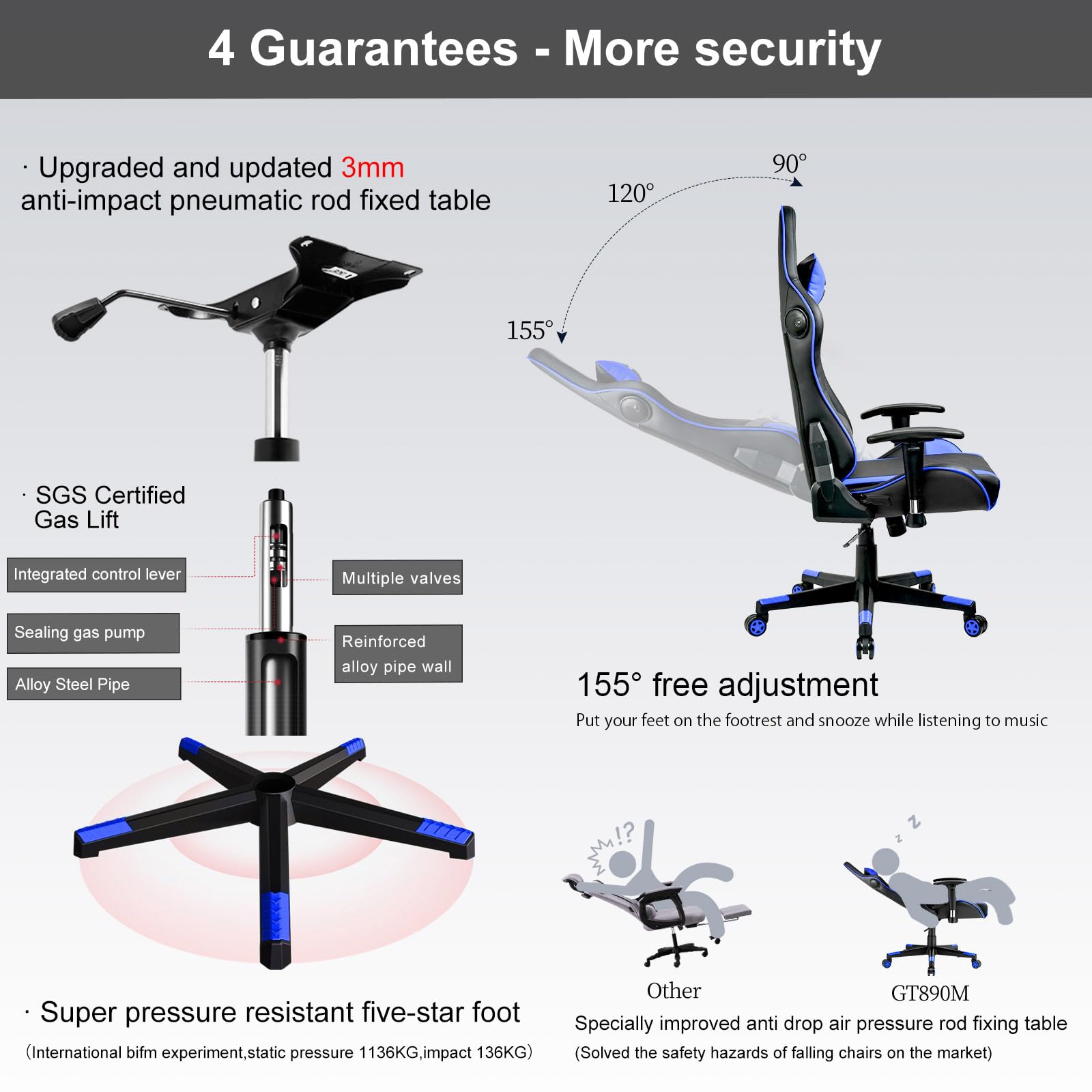 GTRACING Bluetooth Gaming Chair with Built-in Speakers - Ergonomic Video Game & Office Computer Desk Chair - Heavy Duty Design (Blue) - Perfect for Gaming, Streaming & Home Office Work