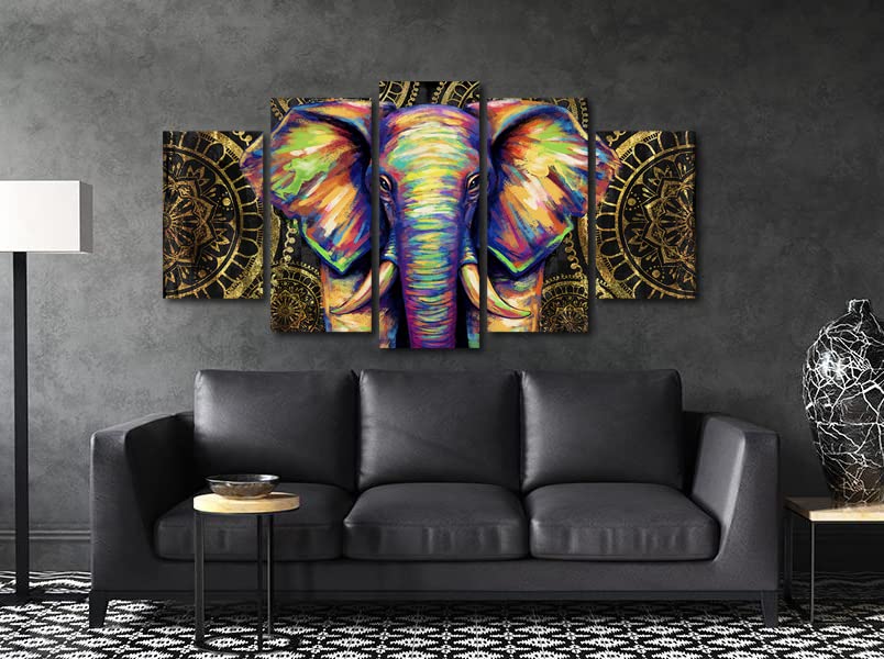 African Animal Canvas Wall Art - Elephant Mandala Painting Framed Print, Bohemian Boho Flower Decor for Living Room, Bedroom & Office (60x32 Inches)