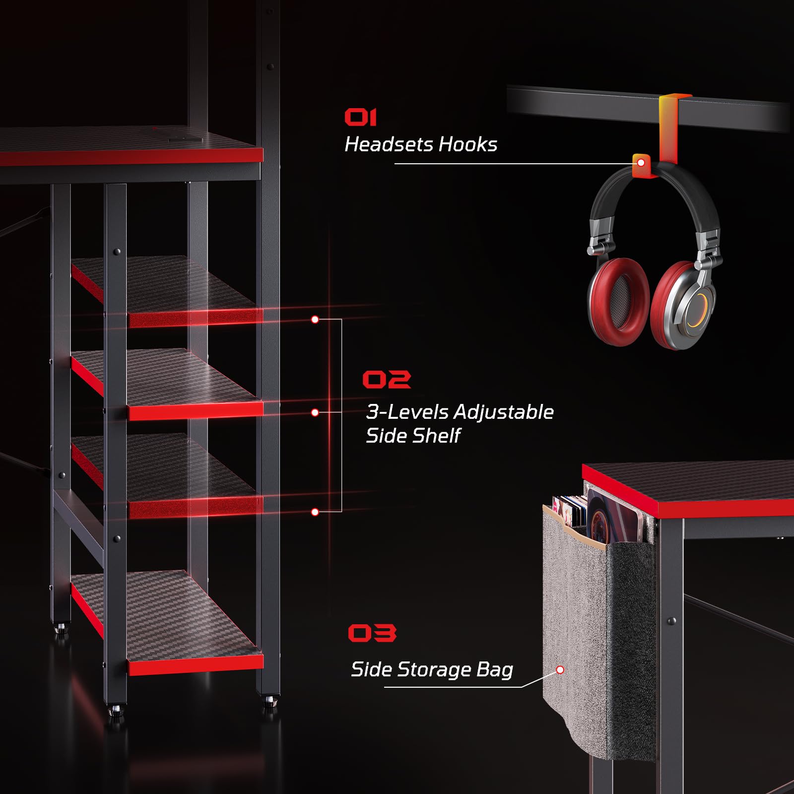 Bestier 44 Inch Gaming Desk with Power Outlets & LED Lights - 4-Tier Reversible Shelves, Headset Hook & Side Storage Bag - Ergonomic PC Gaming Table for Bedroom (Black 3D Carbon Fiber) - Perfect for Esports, Streaming & Home Office Setup