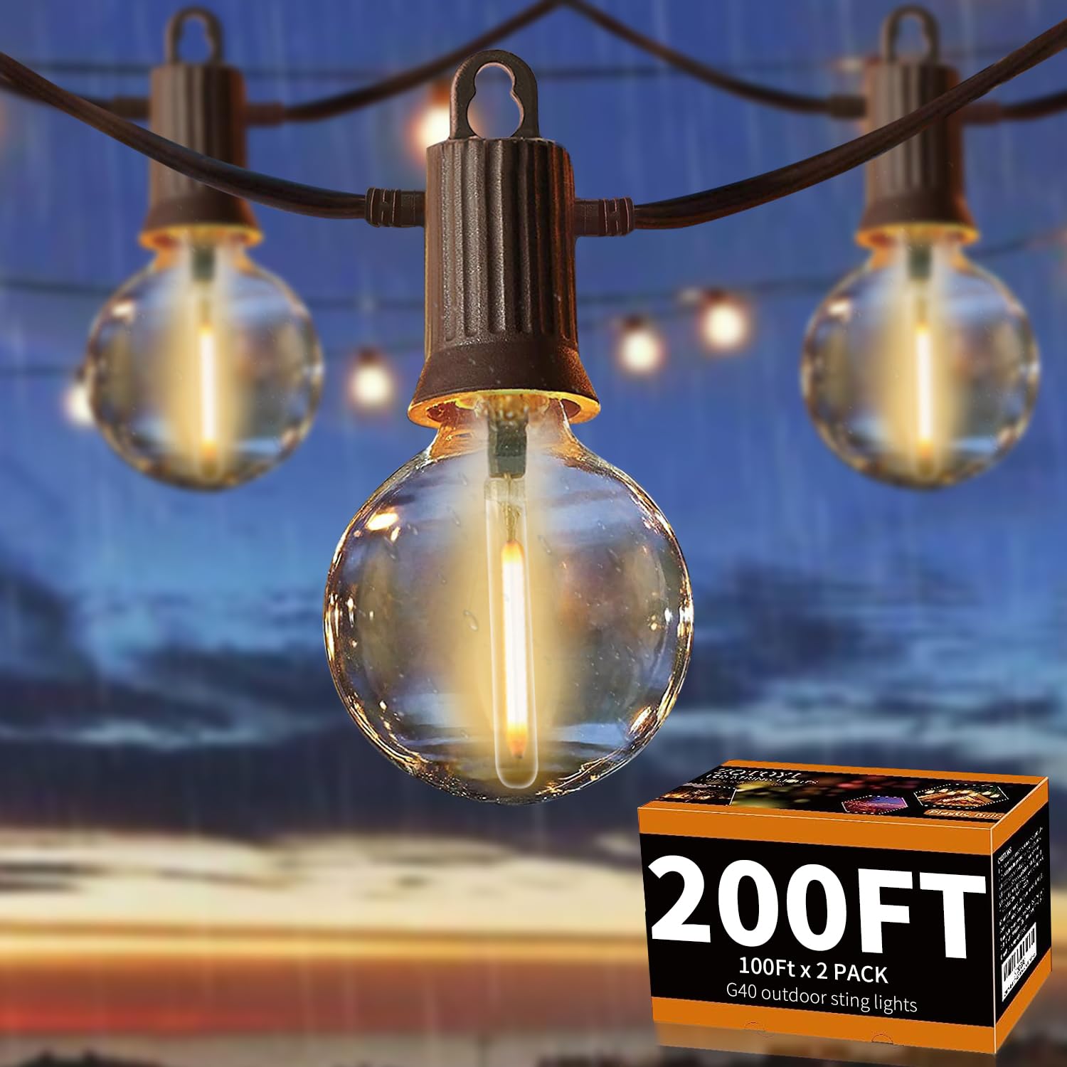 ZOTOYI 200FT Outdoor String Lights Waterproof IP65, 104 Shatterproof G40 LED Bulbs (4 Spare), Dimmable Patio Lights for Backyard, Porch, Cafe - Perfect for Wedding, Party, Garden & Outdoor Decor (2-Pack 100FT)