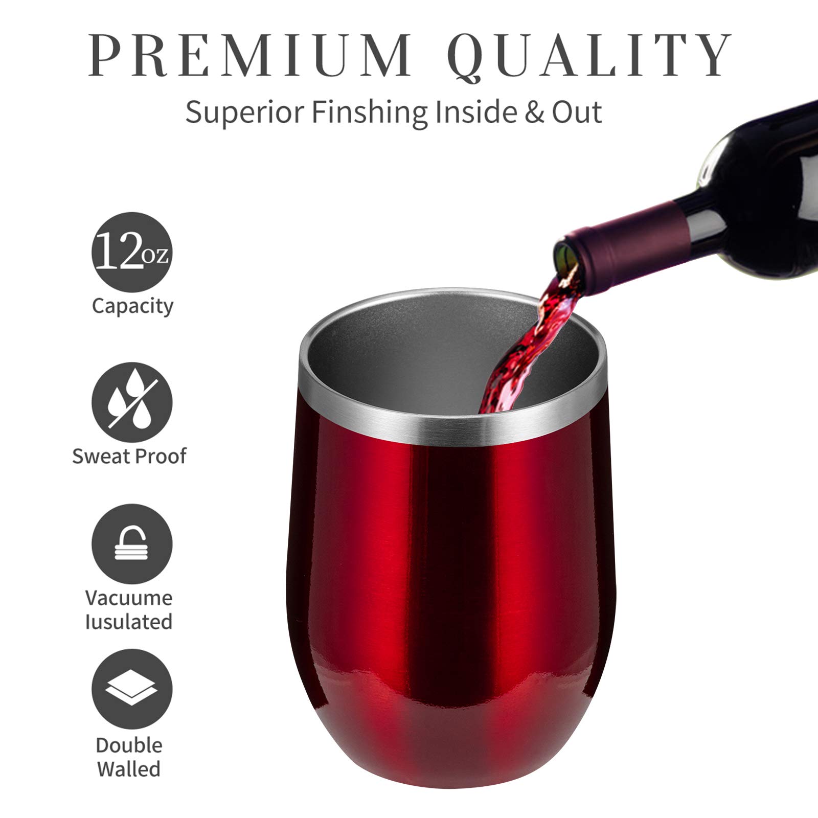 MEWAY 12oz/8 Pack Stainless Steel Wine Tumblers with Lid - Double Wall Vacuum Insulated Travel Cups for Hot & Cold Drinks - Perfect for Wine, Coffee, Cocktails, Gifts (Burgundy, 8-Piece Set) | Great for Outdoor Picnics, Camping, Parties & Home Entertaining