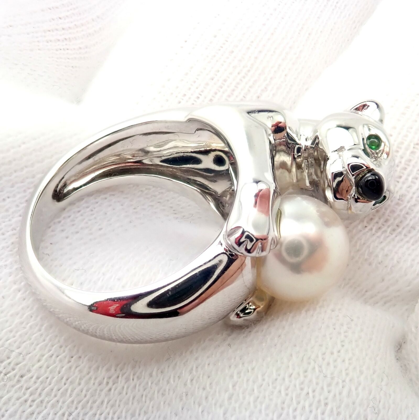 Authentic Cartier 18K White Gold Panther Panthere Ring with Onyx, Tsavorite & Pearl - Luxury Jewelry for Women, Perfect for Weddings, Anniversaries & Special Occasions