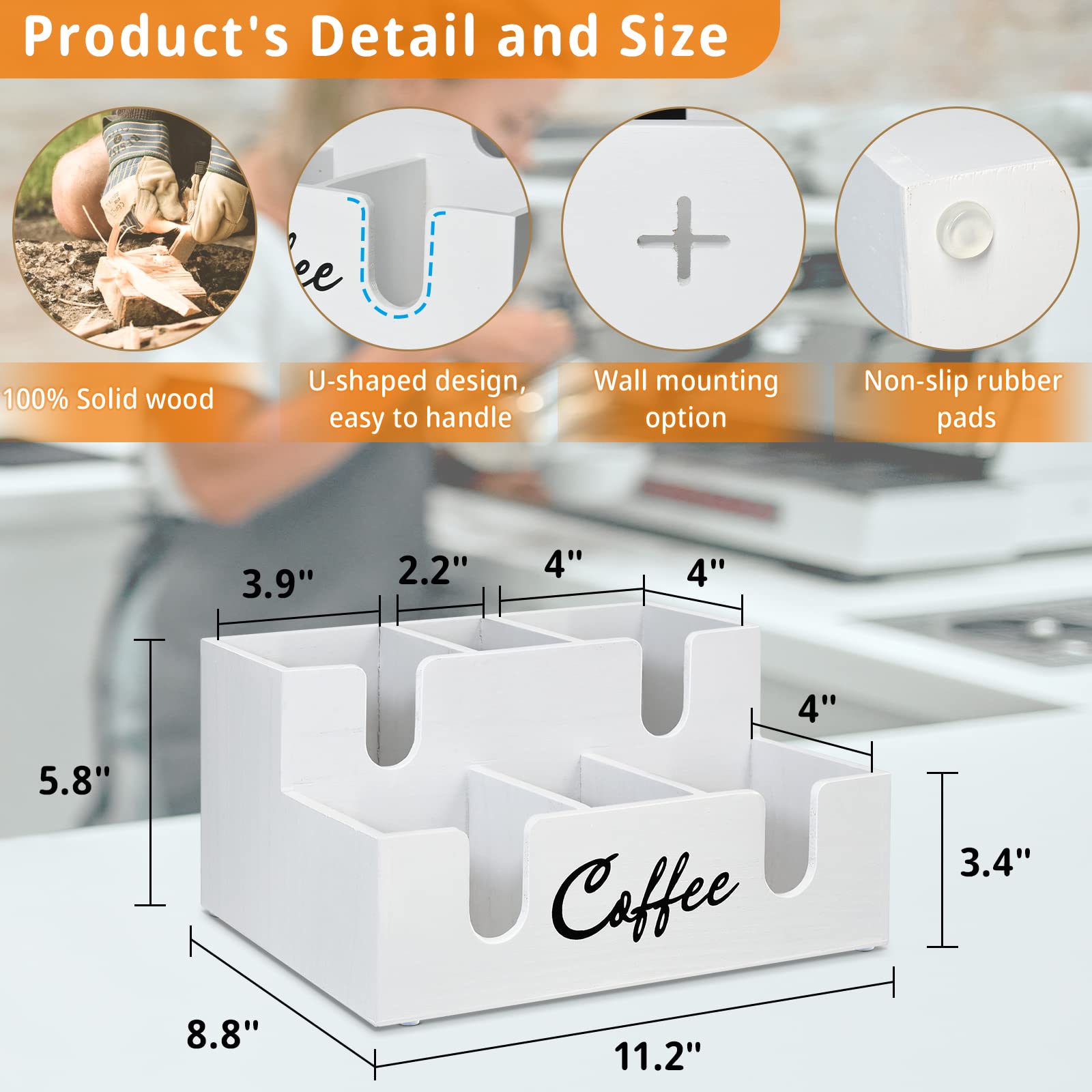 Wooden Coffee Station Organizer - 6 Compartment Countertop Lid Holder, Paper Cup Dispenser & Condiment Storage | Perfect for Kitchen, Office & Coffee Bar Organization