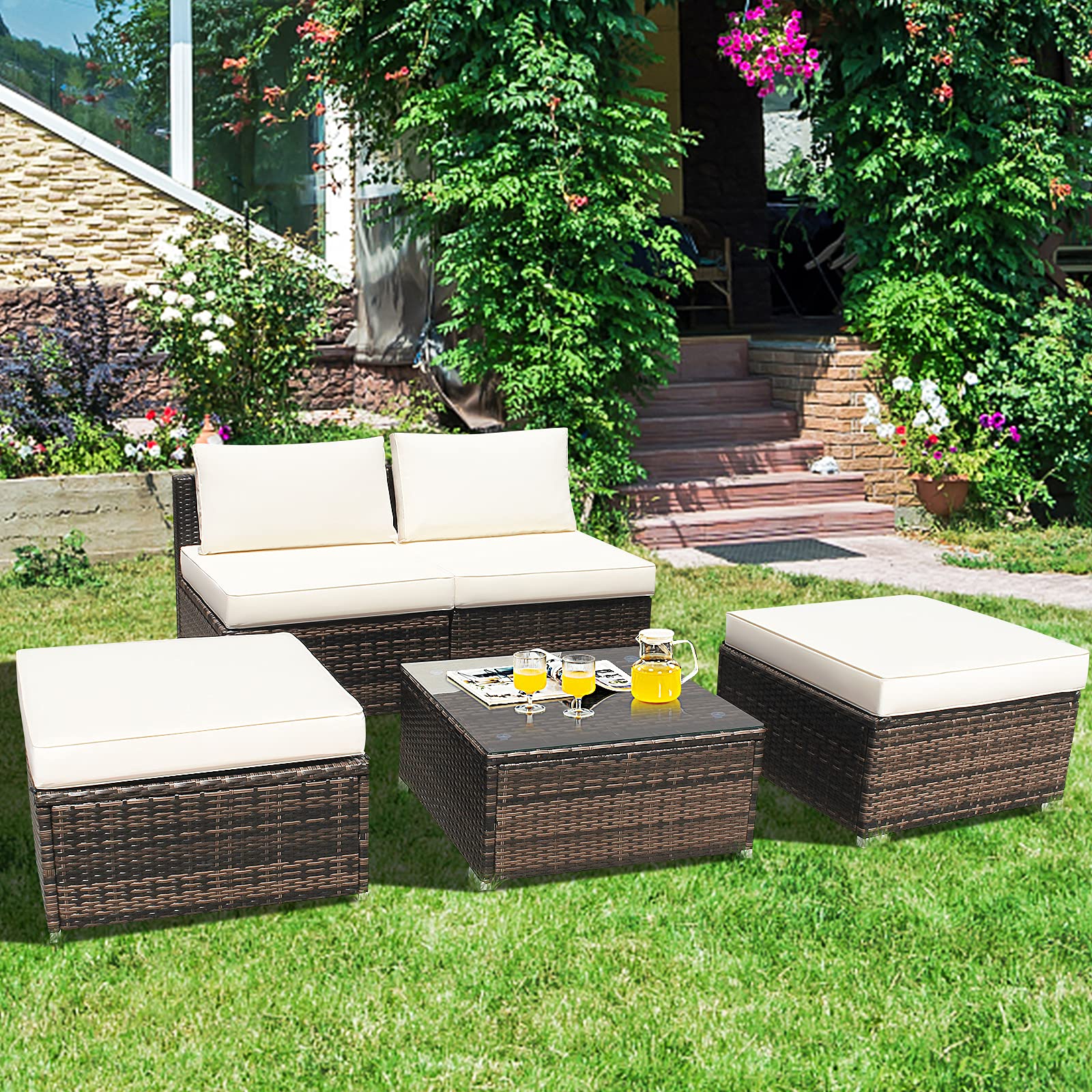 Tangkula 5-Piece Wicker Patio Furniture Set with Tempered Glass Coffee Table - Outdoor Conversation Set Includes 2 Armless Sofas, 2 Ottomans & Side Table - Washable Zippered Cushions for Porch, Garden or Poolside Relaxation