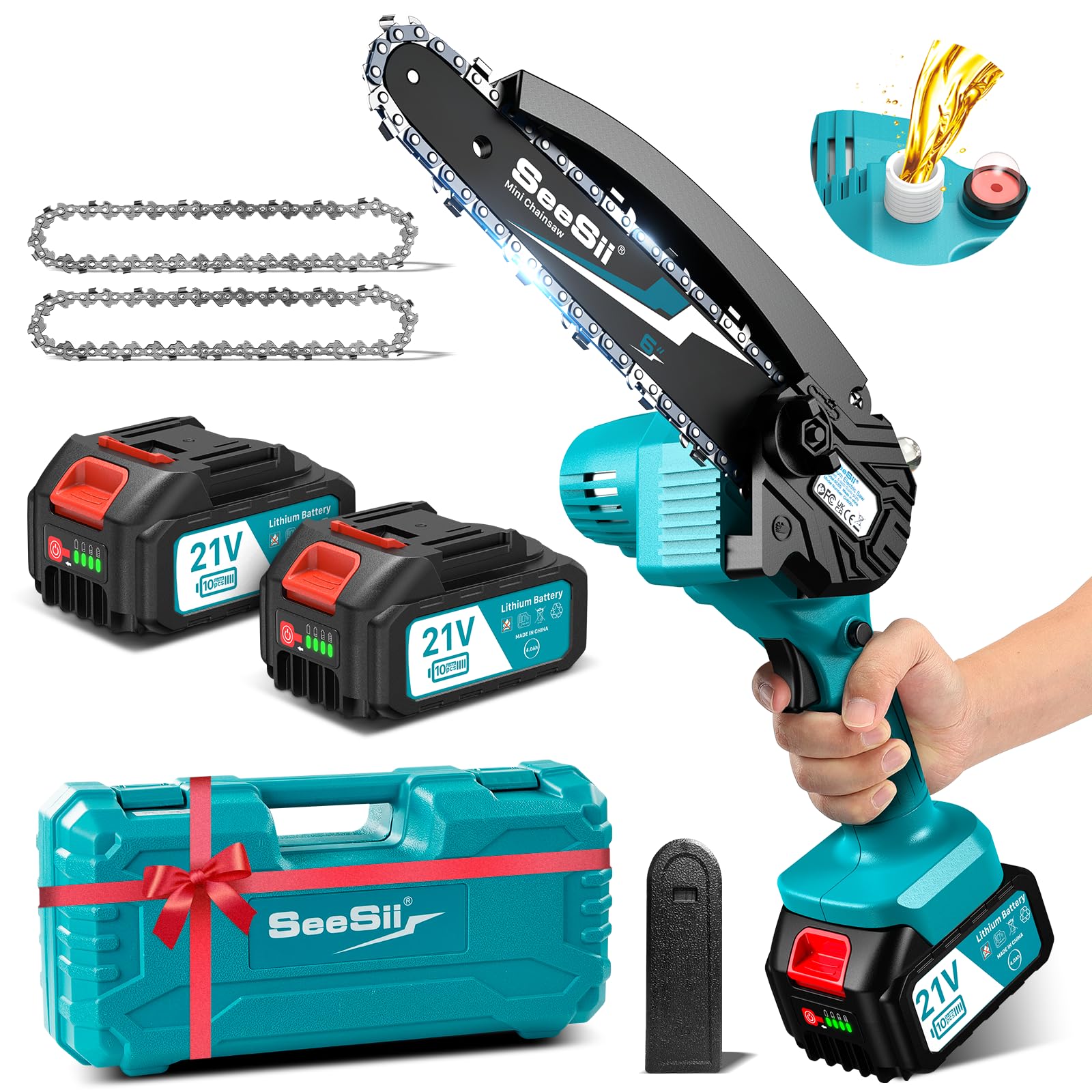 Seesii Mini Cordless Chainsaw CH600+ - 6 Inch Electric Chainsaw with 900W Motor, 2×4.0Ah Long-Lasting Batteries & Automatic Oiler - Lightweight Handheld Battery Powered Chainsaw for Tree Trimming, Pruning, and Yard Maintenance - Perfect Gift for Men, Women, Dad, and DIY Enthusiasts