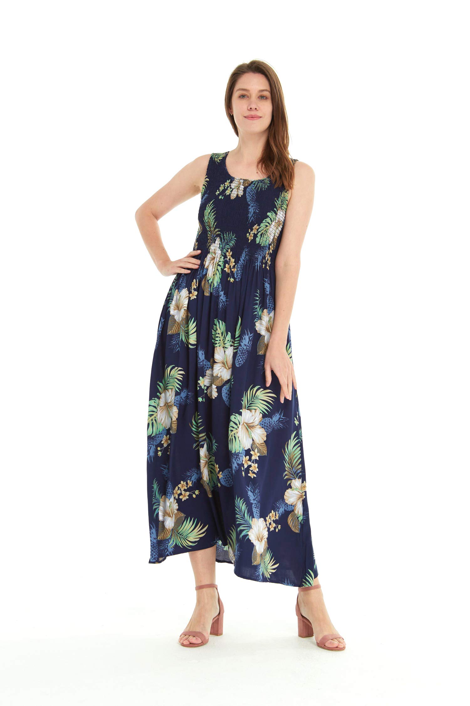 Hawaiian Maxi Dress for Women - Flowy Elastic Tank Luau Dress with Pineapple Print | Perfect for Beach Vacation, Summer Party & Tropical Garden Events