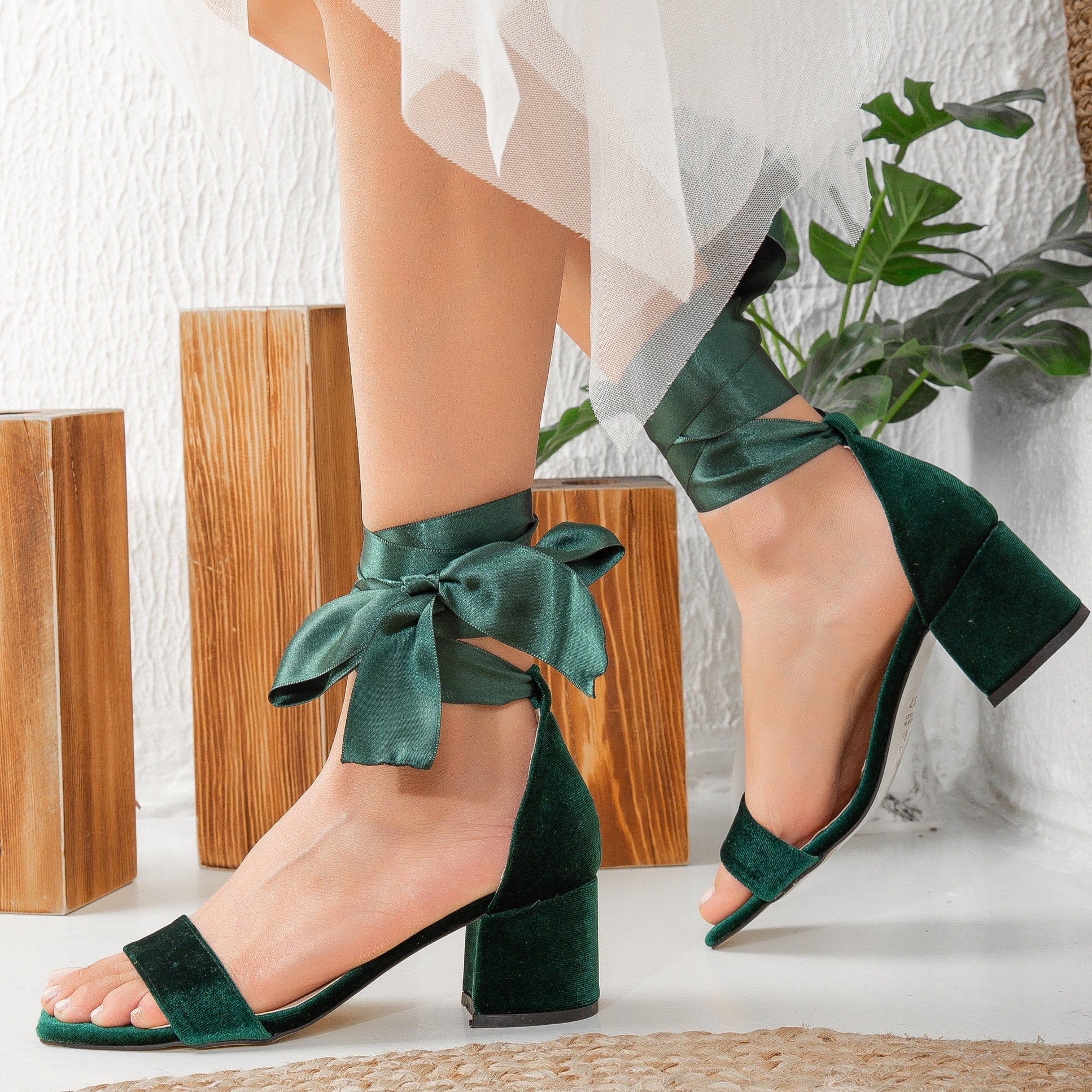 Hera Green Velvet Low Heel Sandals with Ribbon - Comfortable Women's Dress Shoes for Weddings, Parties & Special Occasions