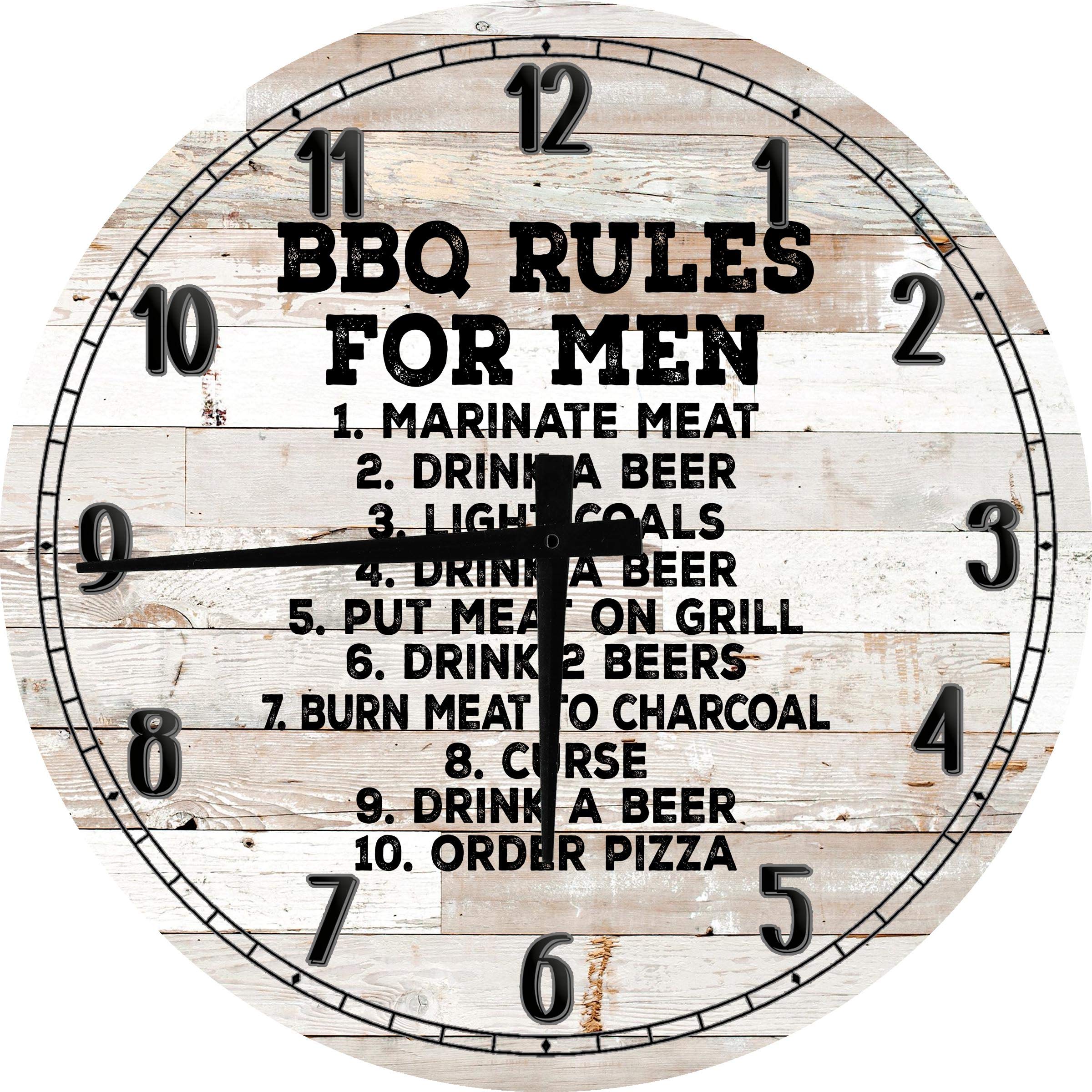 12 Inch White Large Round Wood Wall Clock - BBQ Rules for Men Kitchen Decor | Perfect for Home, Office & Man Cave Wall Art