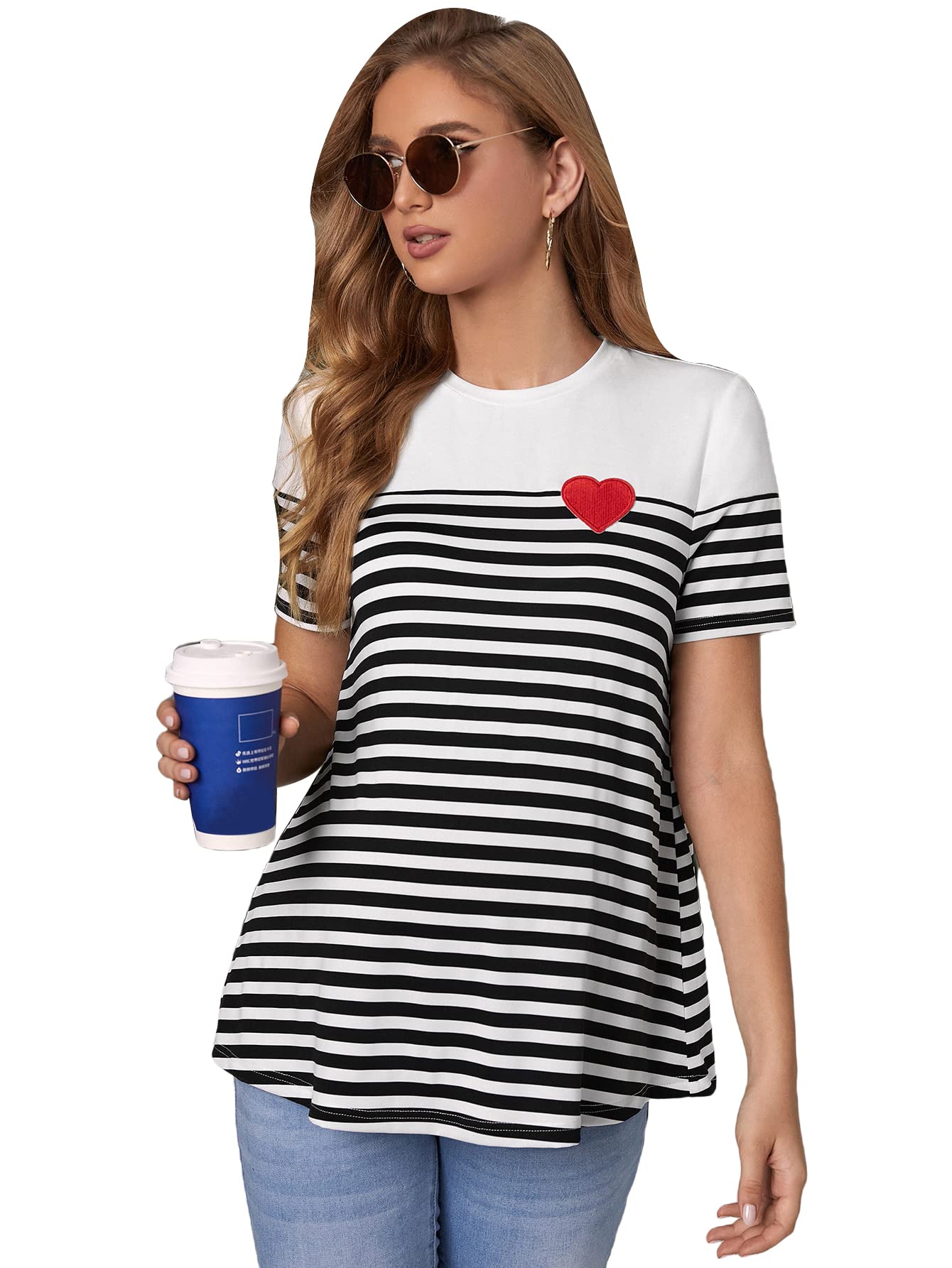Floerns Women's Maternity Colorblock Striped Short Sleeve T-Shirt - Soft Cotton Pregnancy Top for Casual Wear & Maternity Photoshoots