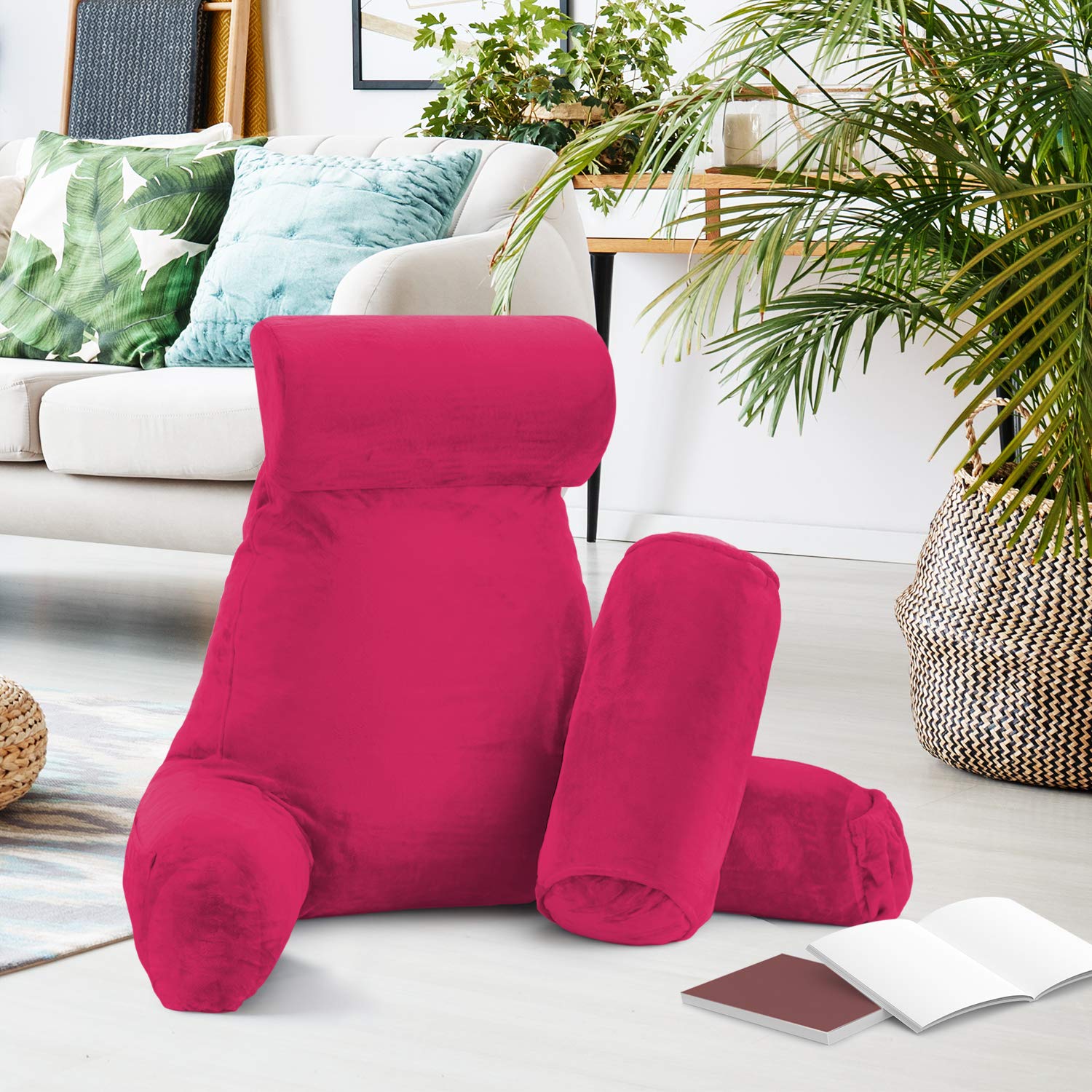 Nestl Large Reading Pillow for Bed - Shredded Memory Foam Back Support Pillow with Pockets - Perfect for Reading, Watching TV, or Relaxing in Bed - Hot Pink Bed Chair Arm Pillow for Adults & Kids