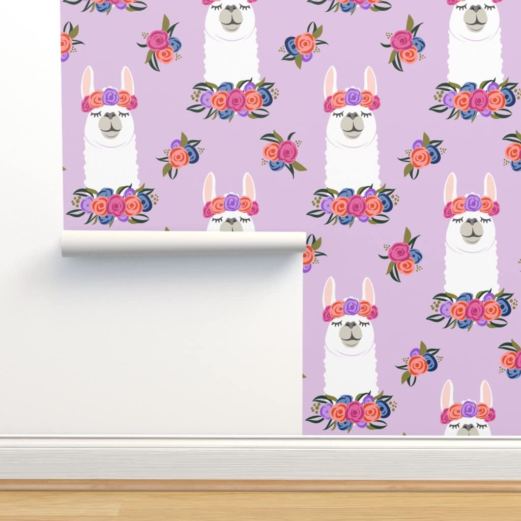 Premium Commercial Grade Wallpaper - 27ft x 2ft Floral Llama & Alpaca Vintage Design in Purple | Trendy Spring Boho, Girly Nursery & Festive Decor | Peel & Stick Traditional Wallpaper by Spoonflower | Perfect for Bedrooms, Living Rooms & Home Offices