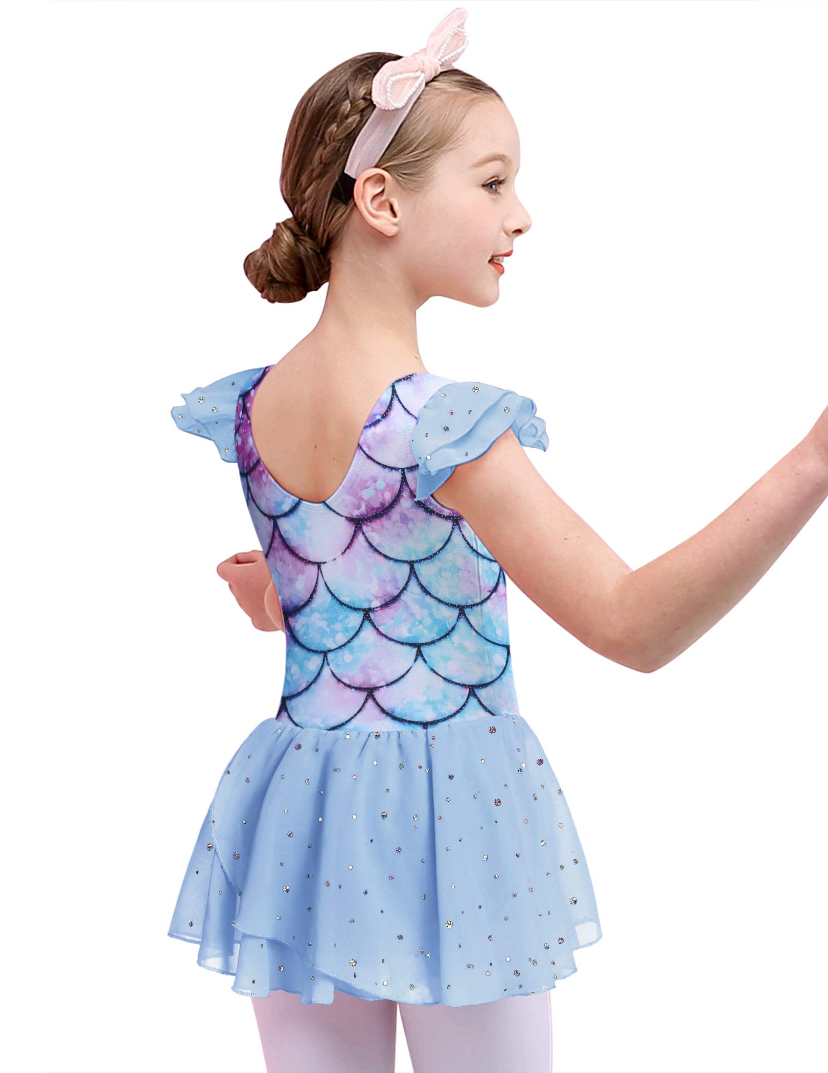 Boyoo Girls Ballet Leotard with Tutu Skirt - Ruffle Sleeve Sparkle Dance Dress for Ages 3-11 (Mermaid, 3-4T) - Perfect for Recitals, Performances, Ballet Class, Dance Competitions & Birthday Parties