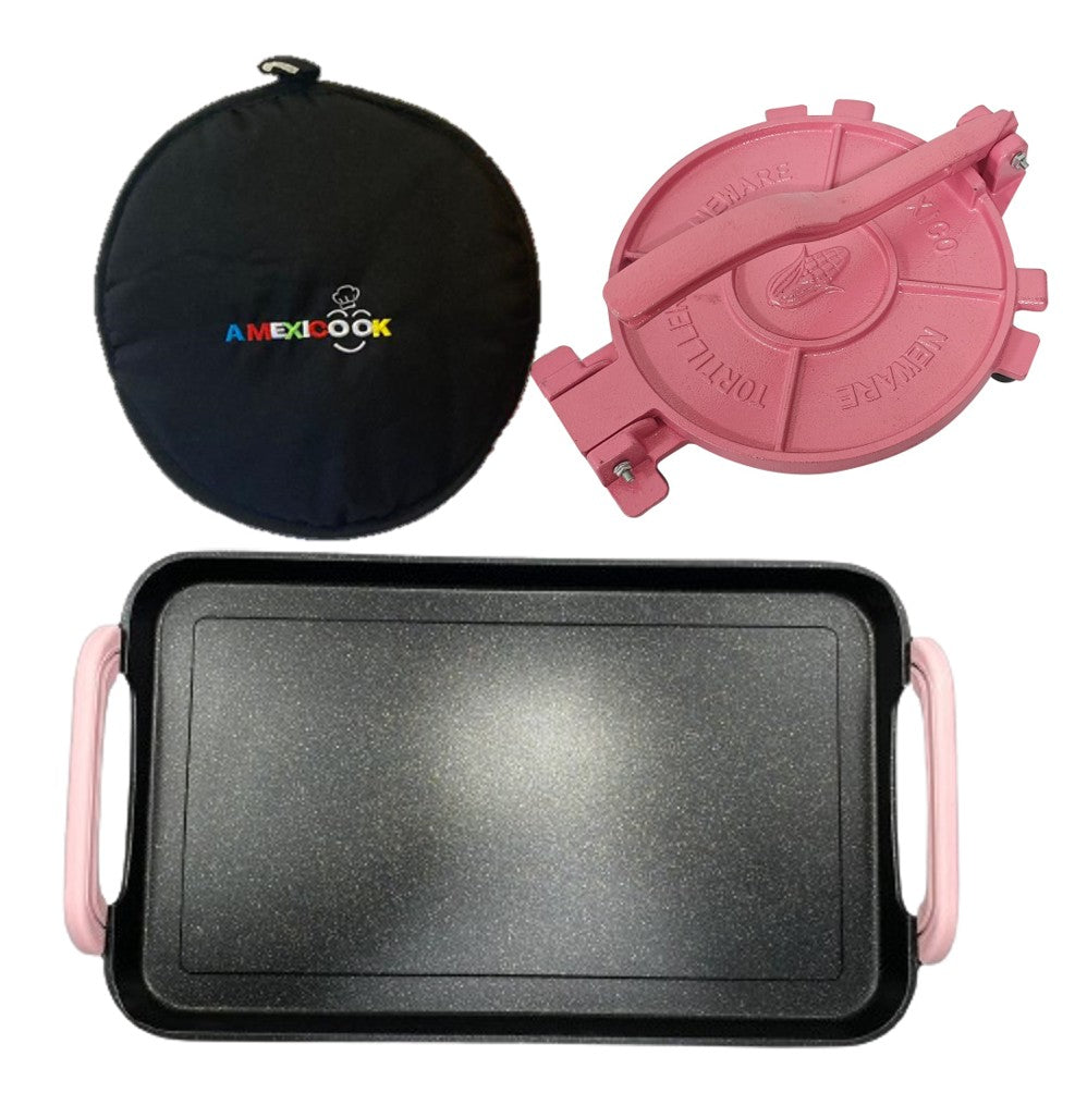 Pink 3-Piece Large Tortilla Making Kit - Premium Tortilla Press Combo Set for Homemade Flour & Corn Tortillas - Perfect for Mexican Cooking, Taco Nights & Family Gatherings