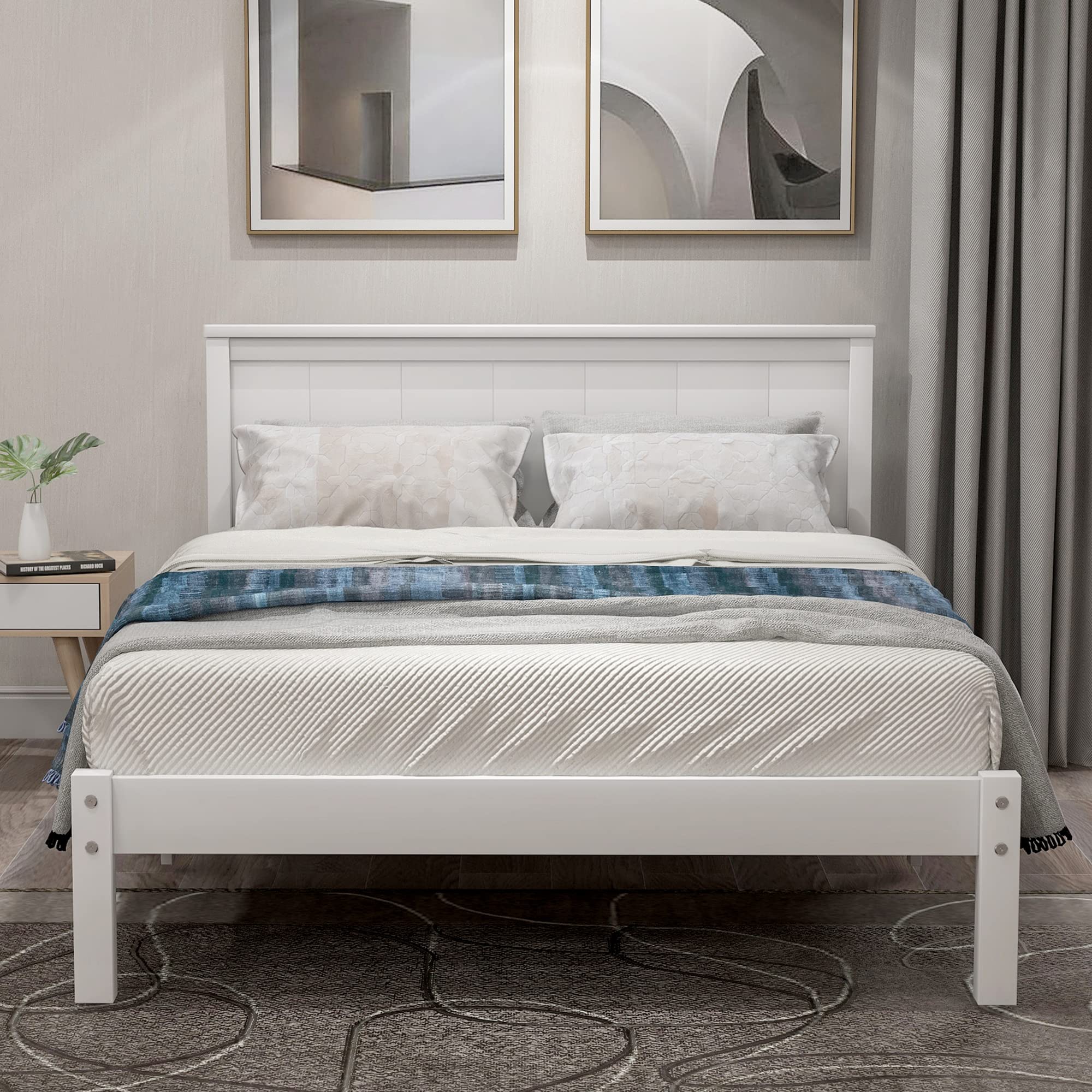 Twin Bed Frame with Headboard - Solid Wood Platform Bed, Sturdy Slat Support, Easy Assembly, No Box Spring Needed - Perfect for Kids Rooms, Guest Bedrooms & Small Spaces (White)