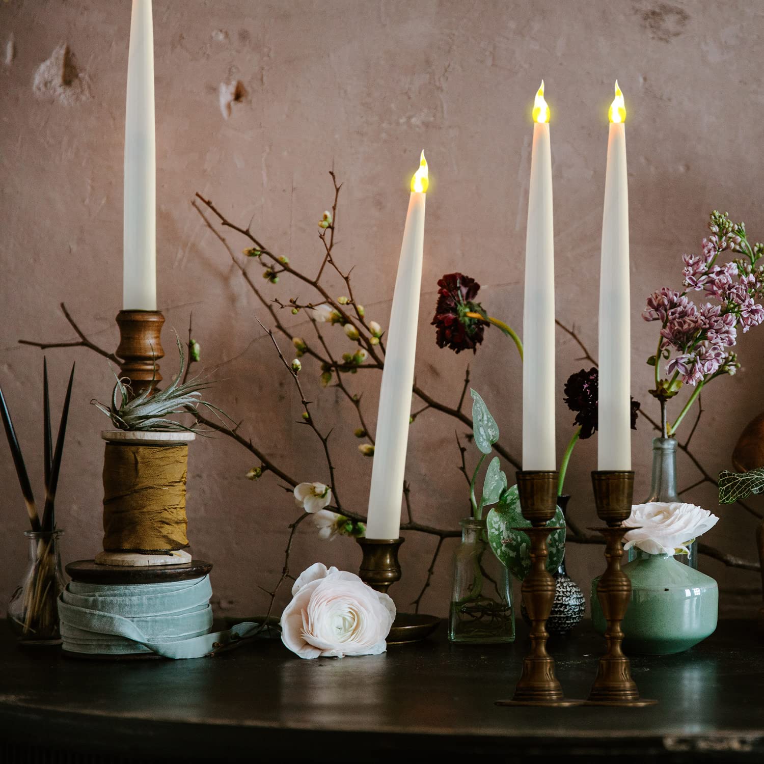 FURORA LIGHTING White LED Taper Candles - Pack of 4 Flameless Battery Operated Candles with Realistic Flickering Flame, 6/18 Hour Timer, 11.5 Inches Tall - Perfect for Wedding Centerpieces, Dining Table Decor, and Romantic Ambiance