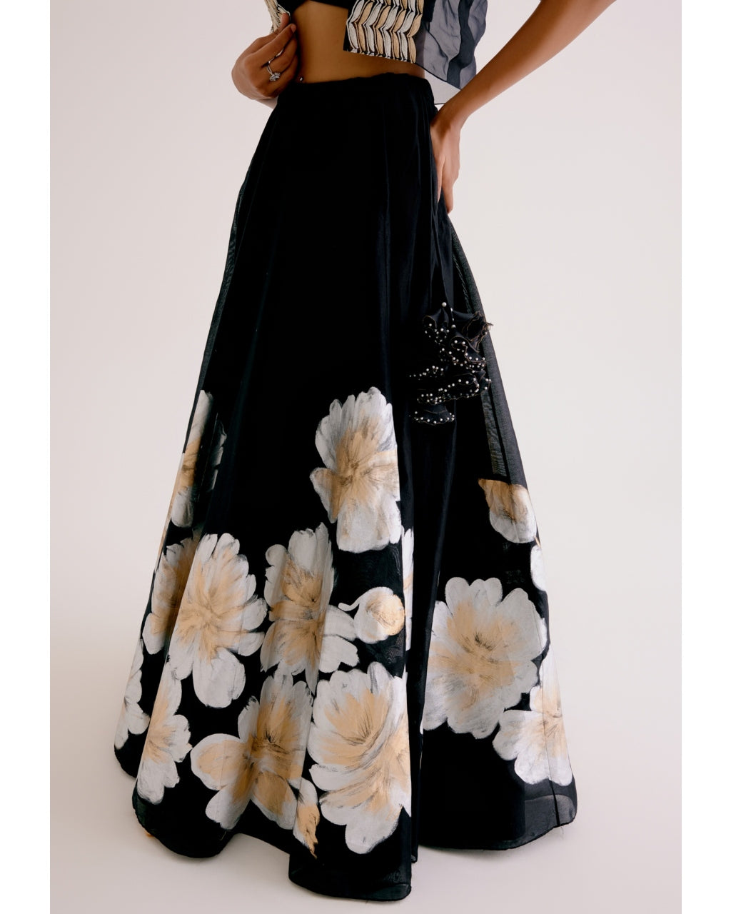 Hand-Painted Black Silk Chanderi Skirt and Cape Set - Elegant Indian Ethnic Outfit for Weddings, Parties & Special Occasions