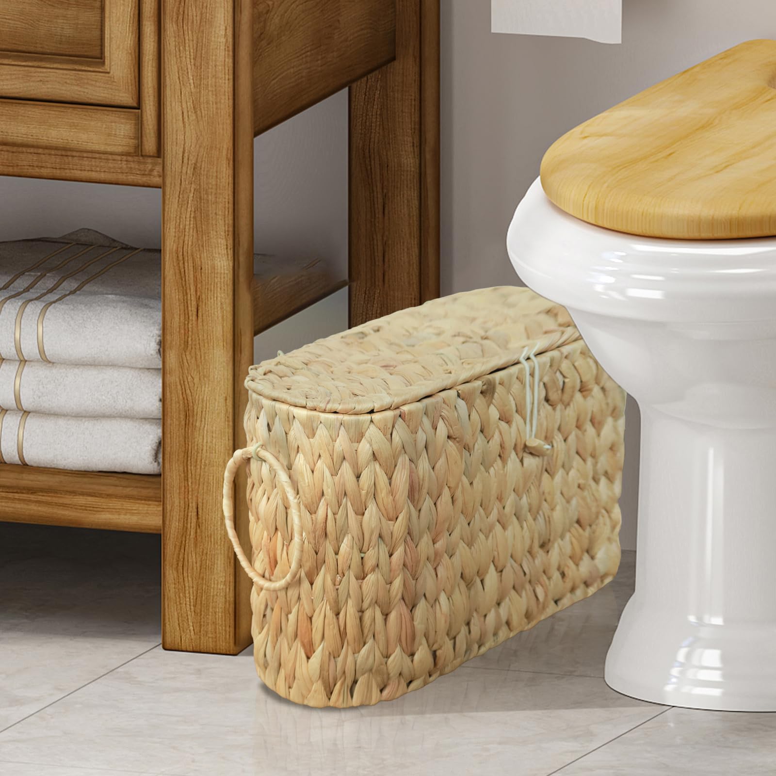 Farmhouse Boho Woven Hyacinth Toilet Paper Storage Basket with Lid - Decorative Bathroom Organizer & Free-Standing Toilet Paper Holder | Perfect for Farmhouse, Rustic & Boho Bathroom Decor