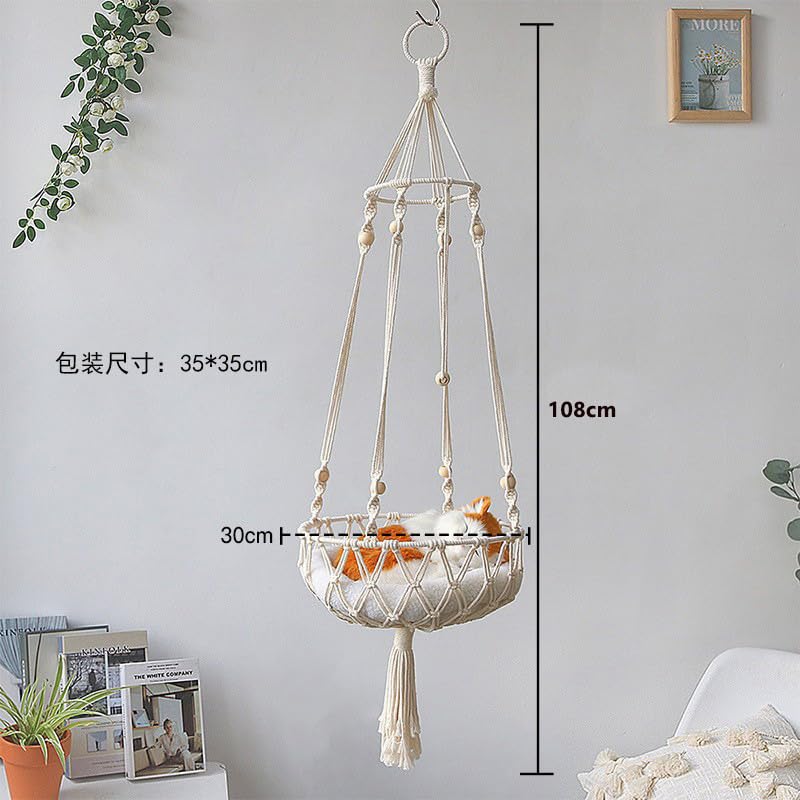 Bohemian Handwoven Macrame Hanging Cat Hammock Bed for Sleeping, Playing & Lounging - Indoor/Outdoor Pet Swing Bed for Home Decor - Perfect for Living Rooms, Balconies & Catios