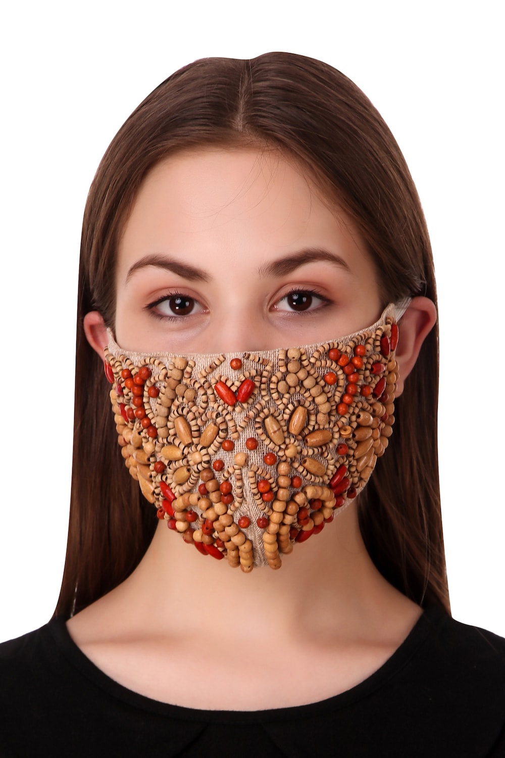 Handmade Wooden Bead Embroidered Jute Face Mask - Natural & Breathable for Yoga, Meditation & Outdoor Activities