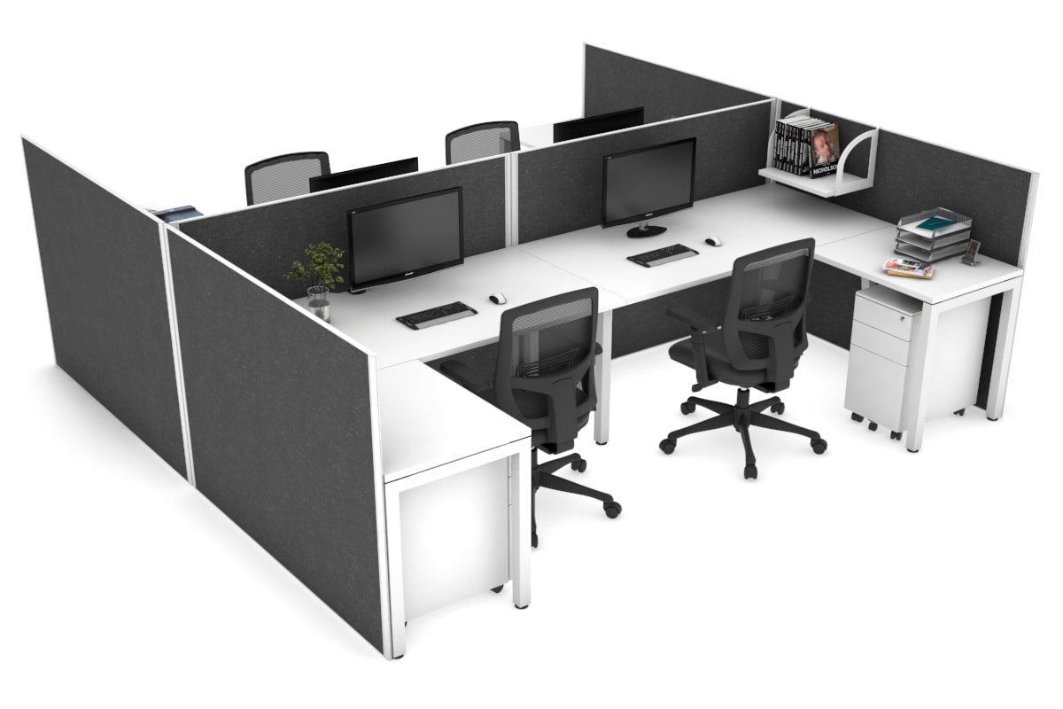 Quadro Square Legs 4-Person Corner Workstation - H Configuration White Frame [1400L x 1800W with Cable Management] - Perfect for Office Collaboration & Team Workspaces