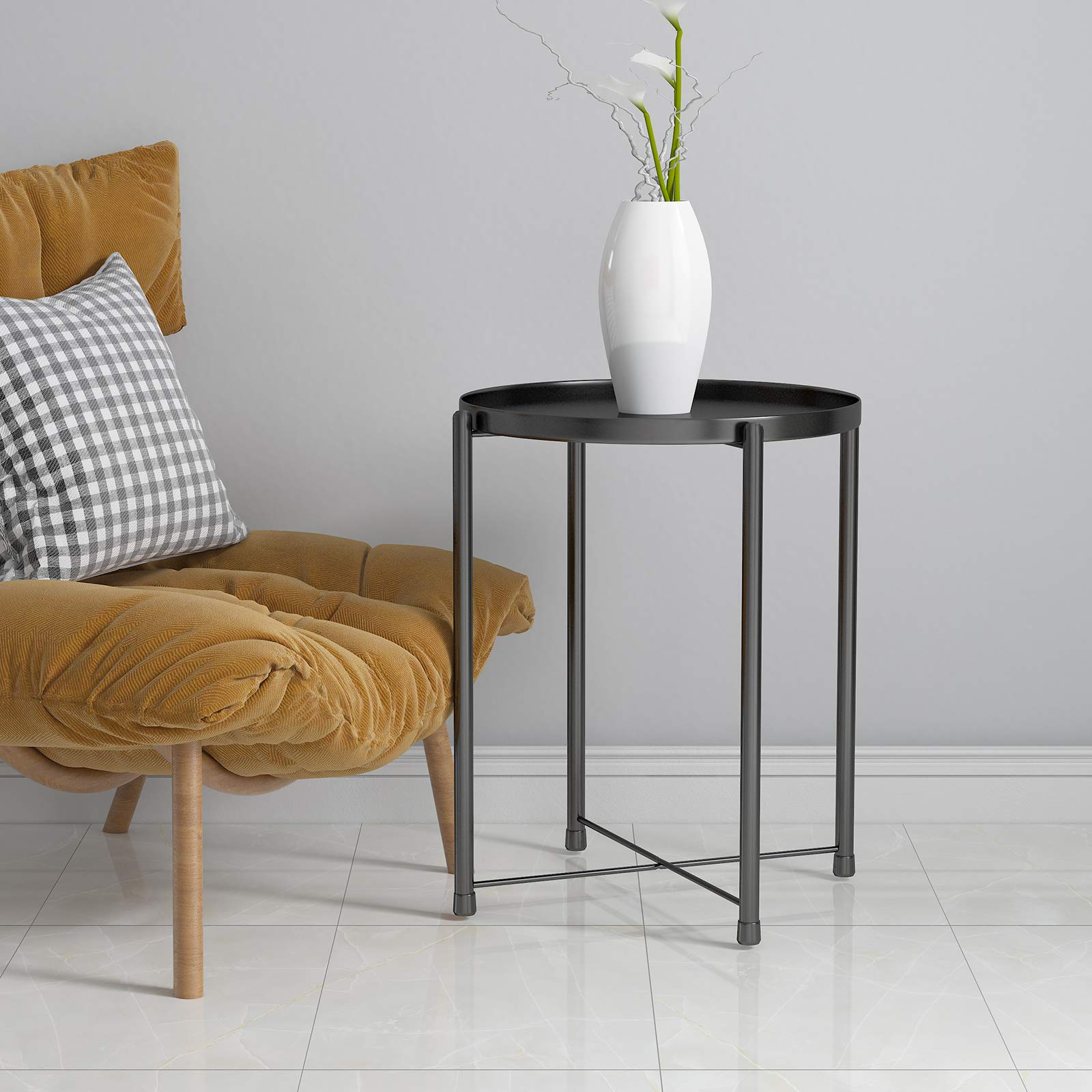 Round Metal End Table with Removable Tray - Waterproof Modern Side Table for Living Room, Bedroom, Balcony & Lounge - Perfect as Coffee Table, Nightstand or Sofa Side Table (Black)