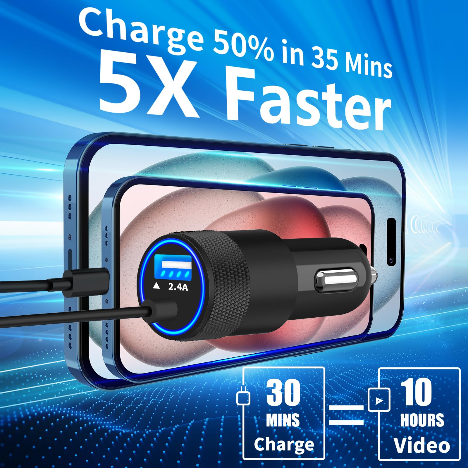 Apple MFi Certified Fast Car Charger for iPhone 15 - 4.8A Dual USB-C & USB-A Car Power Adapter with 6FT Coiled Type-C Cable - Compatible with iPhone 15 Pro/15 Pro Max/Galaxy S24/S23/Pixel - Perfect for Road Trips & Daily Commuting