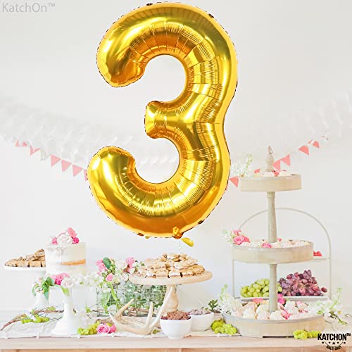 KatchOn 40 Inch Giant Gold Number 3 Balloon - Large Foil 3 Shaped Balloon for 3rd Birthday Party Decorations, Anniversary Celebrations, Baby Showers & Gender Reveals - Perfect for Boys Birthday, 3 Year Old Party Decor & Photo Backdrops