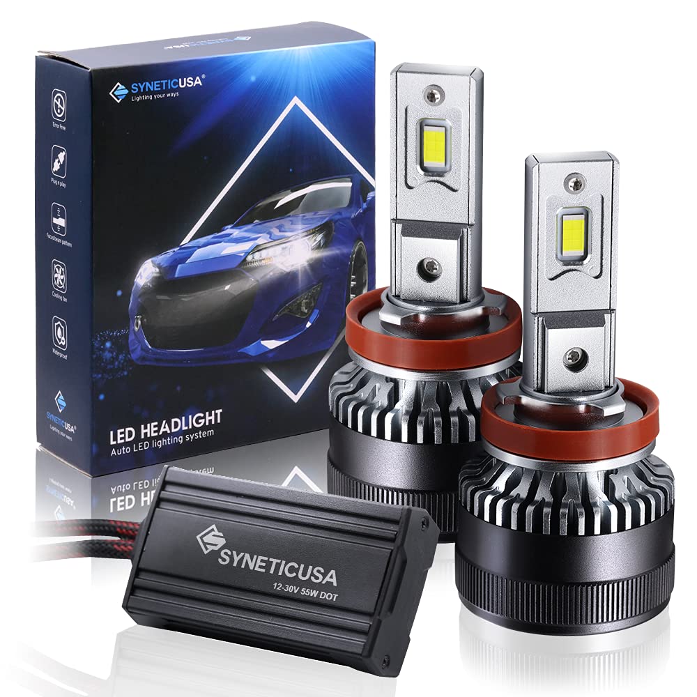Syneticusa H11 LED Headlight Bulbs - 60W Super Bright 6000K Cool White, Error Free for Night Driving