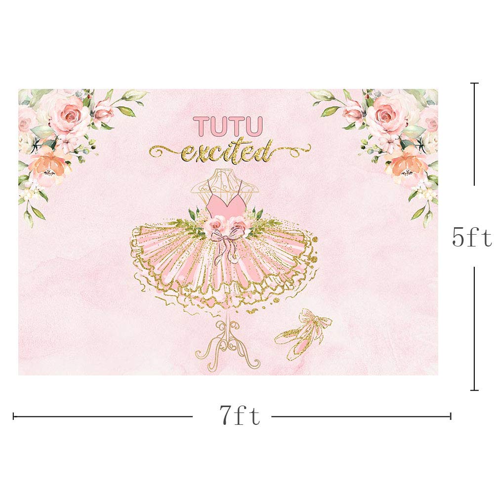 7x5ft Pink Floral Gold Glitter Ballerina Baby Shower Backdrop - Tutu Girl Birthday Party Photography Background, Cake Table Decor & Photo Booth Banner for Newborn Celebrations, 1st Birthday & Gender Reveal Parties