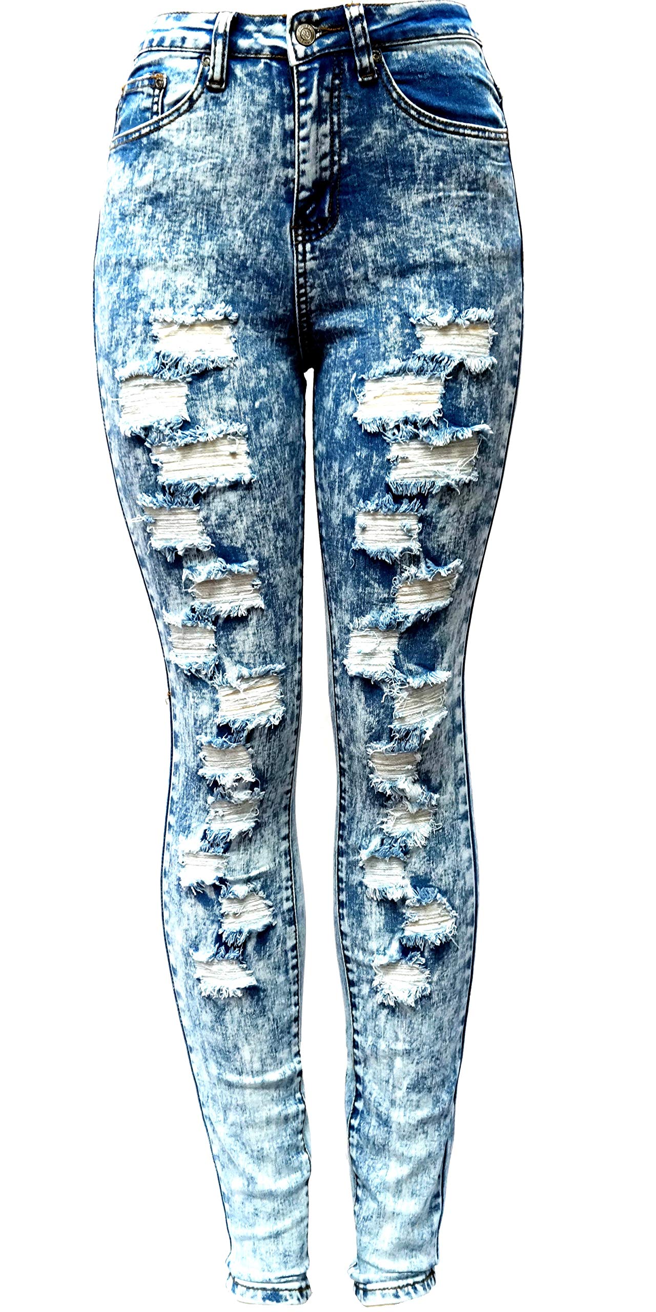 Women's Acid Blue Distressed Skinny Jeans - Mid Rise Stretch Ripped Denim Pants | Casual Wear, Street Style & Everyday Fashion