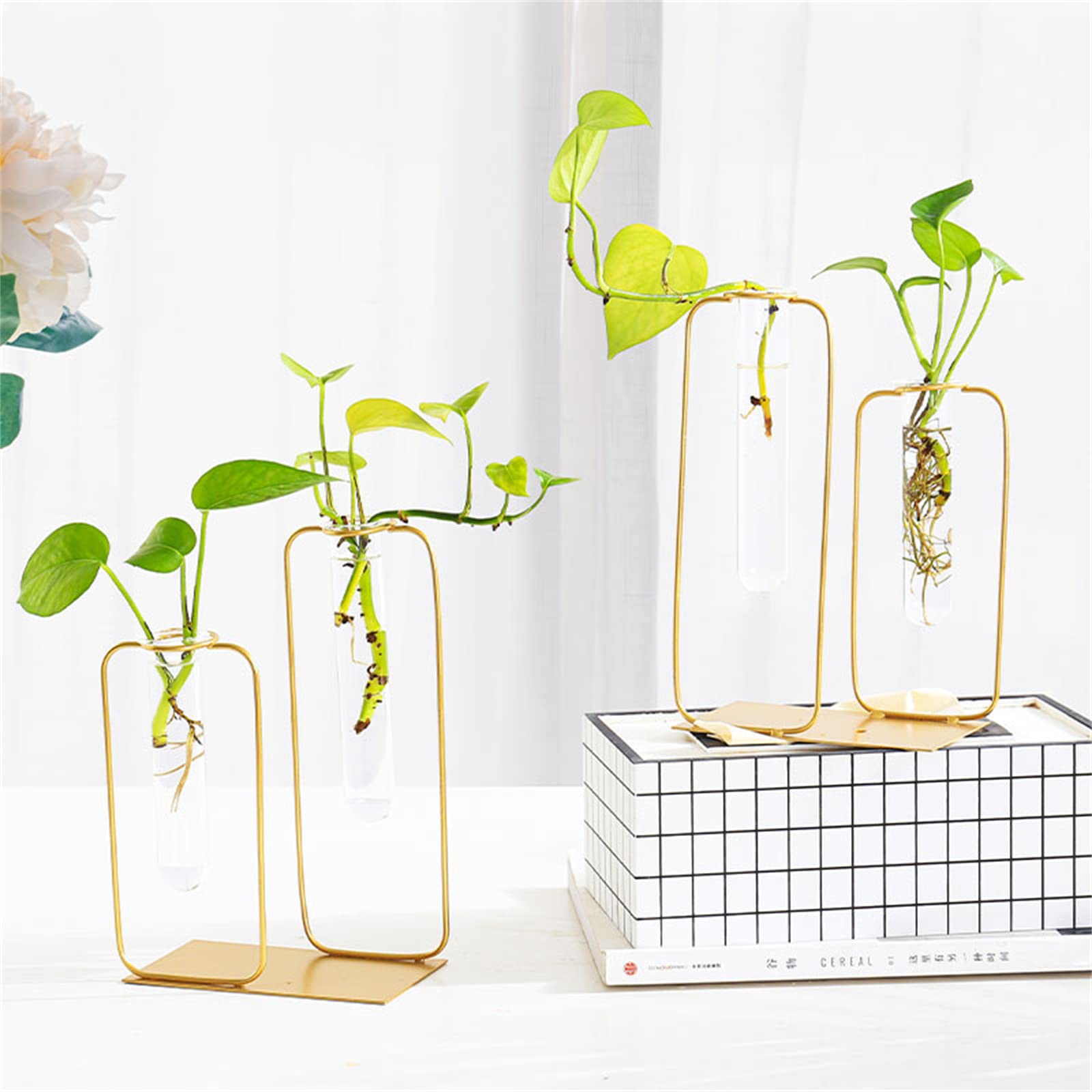 Golden Metal Outline Bud Vase with 2 Glass Containers - 13.5