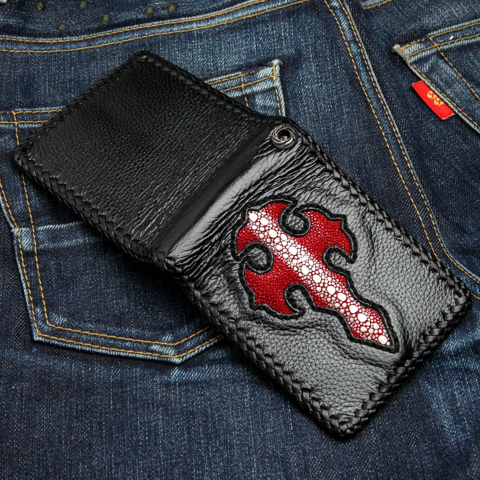 Premium Red Cross Stingray Leather Biker Wallet for Men - Durable RFID Blocking Motorcycle Wallet - Perfect for Bikers, Travel & Everyday Use